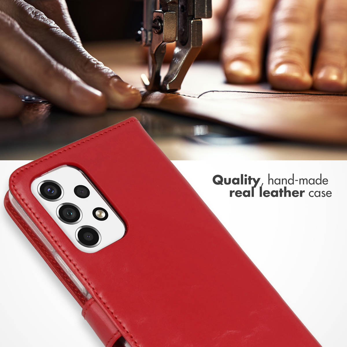 Une coque de téléphone en cuir rouge avec du texte et une machine à coudre en arrière-plan.