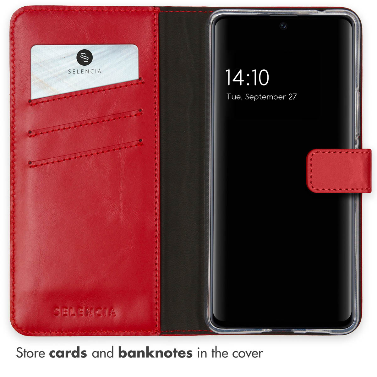 Un étui en cuir rouge avec des fentes pour cartes, contenant une carte à gauche et un smartphone affichant 14:10 à droite.