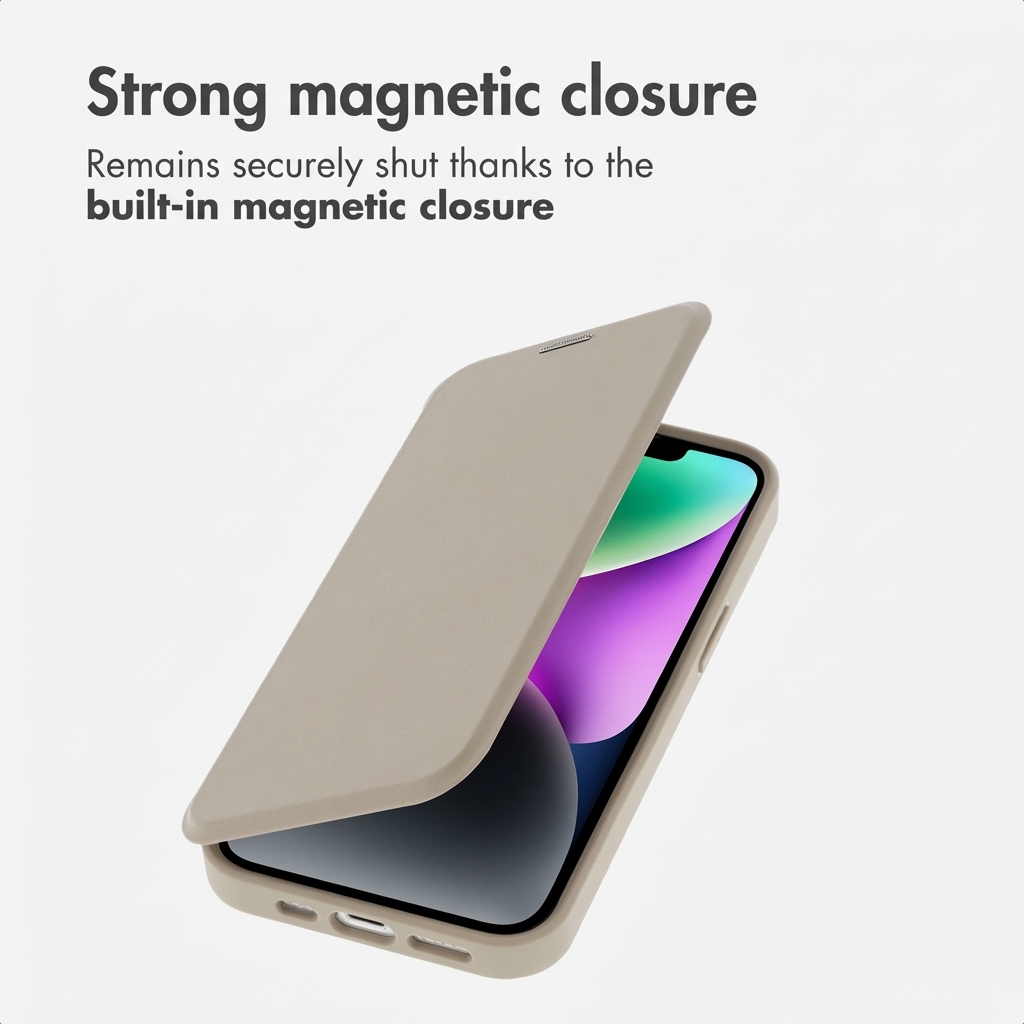 Ein beiges Smartphone mit Klapphülle und Text über starkem magnetischem Verschluss.