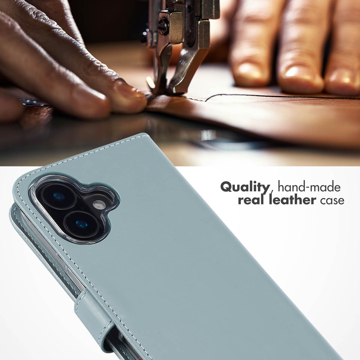 Étui de smartphone en cuir véritable bleu clair, machine à coudre en haut, avec le texte "Quality, hand-made real leather case".