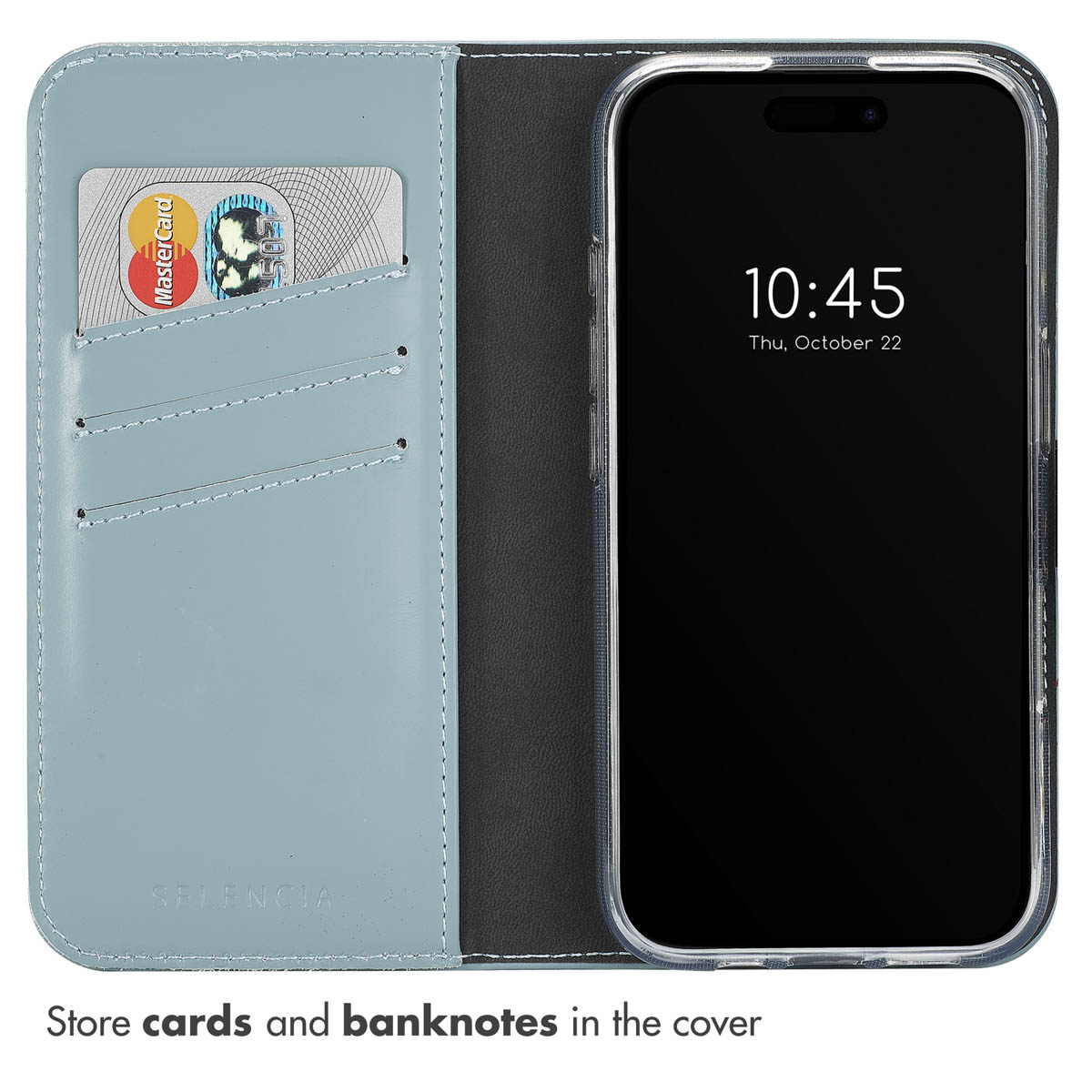 Un étui de téléphone à rabat bleu clair avec des fentes pour cartes et un smartphone.