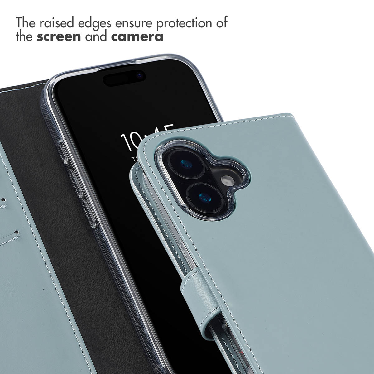 Un étui de téléphone en cuir bleu clair avec des bords surélevés protégeant l'écran et la caméra.