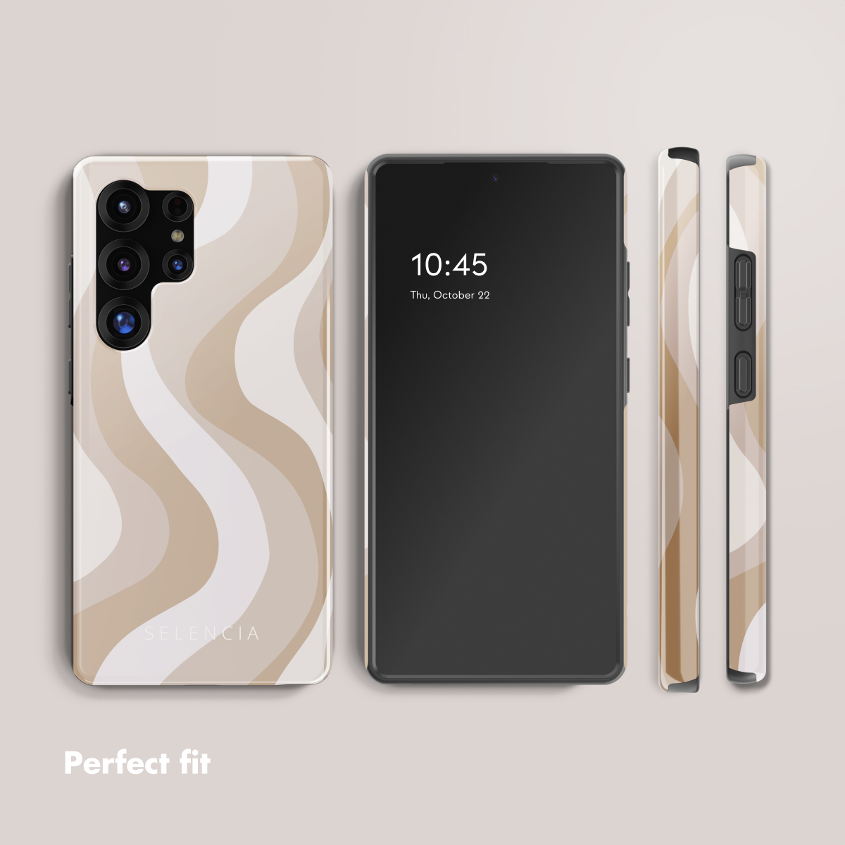 Ein Smartphone in vier Ansichten zeigt eine beige-weiße Welle-Design-Schutzhülle und den Text "Perfect fit".