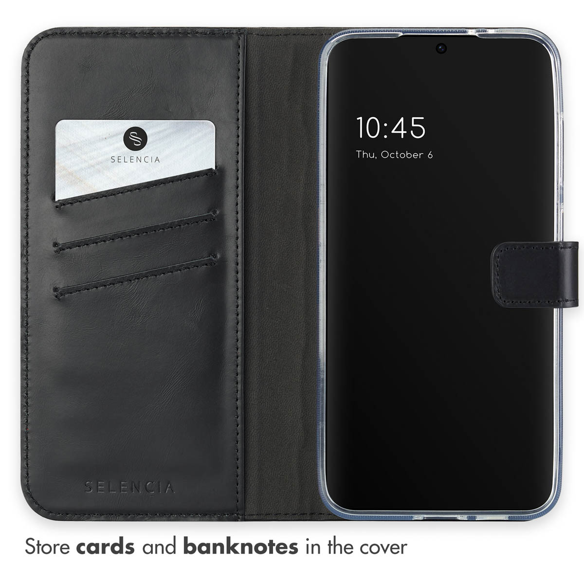 Ein schwarzes Leder-Klappetui für Smartphones mit Kreditkartenfächern und einem offenen Display.