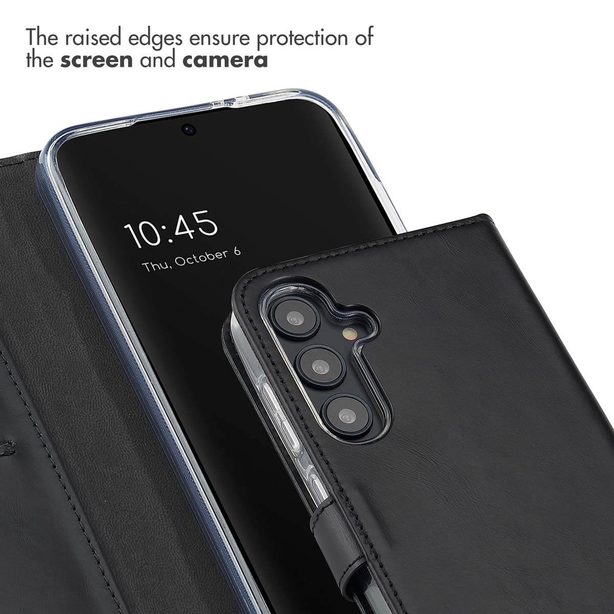 Ein Smartphone in schwarzer Leder-Brieftasche mit erhöhtem Rand für Bildschirm- und Kameraschutz.