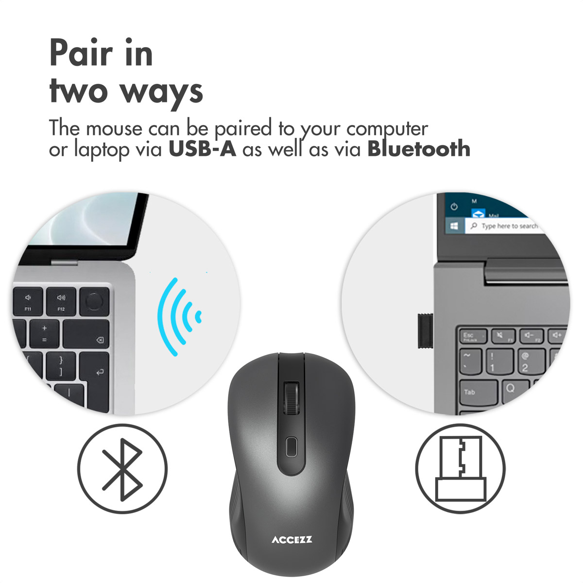 Szara mysz Accezz z Bluetooth i odbiornikiem USB-A.