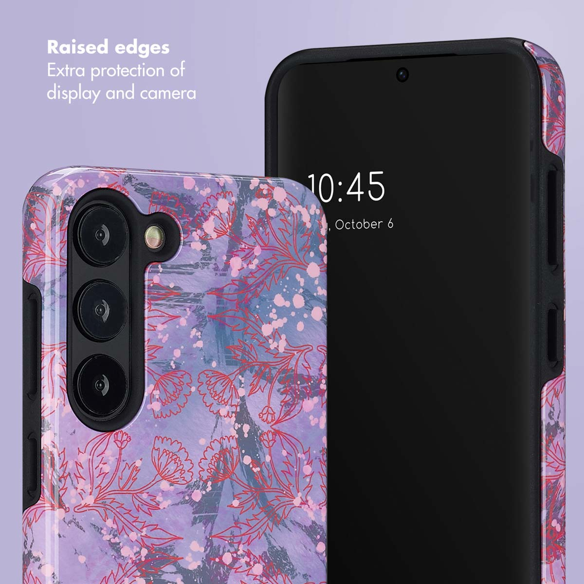 Smartphone in einer Schutzhülle mit lilafarbenem Blumenmuster und erhöhten Kanten zeigt 10:45 Uhr.