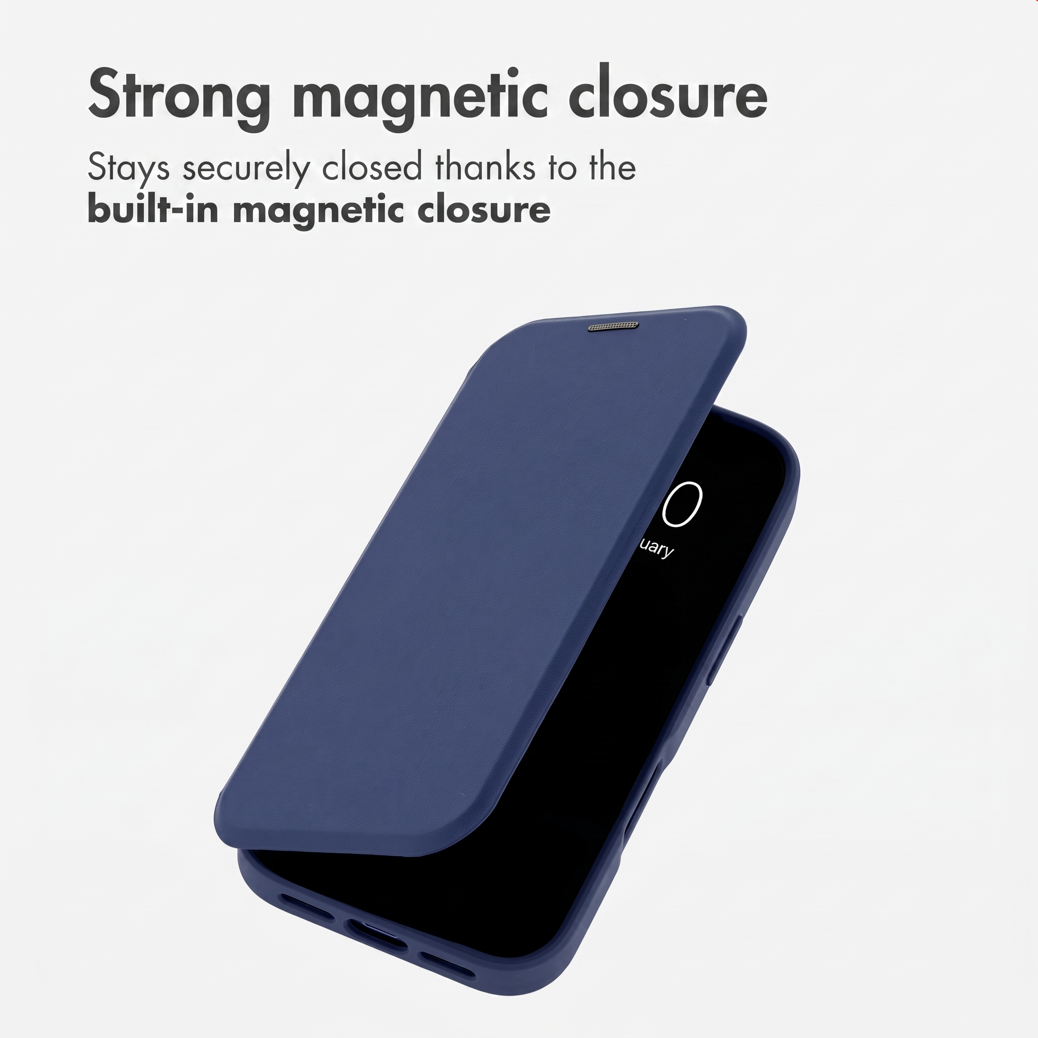 Una custodia per telefono blu scuro è leggermente aperta, con testo in alto che indica chiusura magnetica.