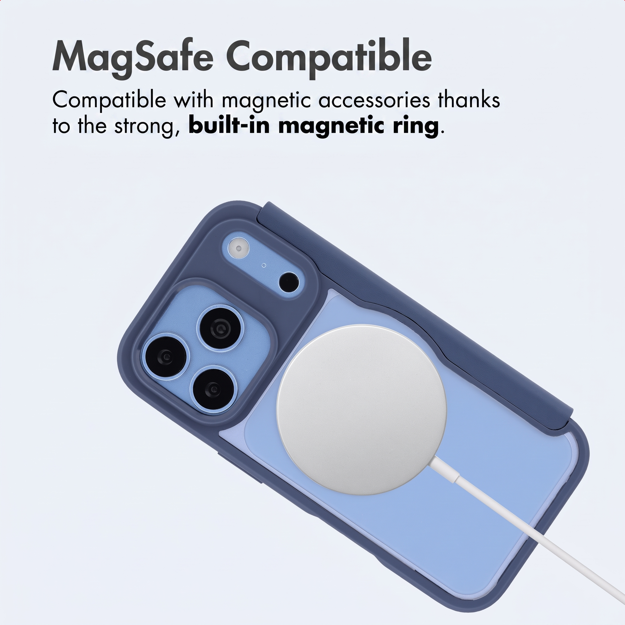 Custodia per telefono blu con caricabatterie MagSafe su sfondo bianco e testo.