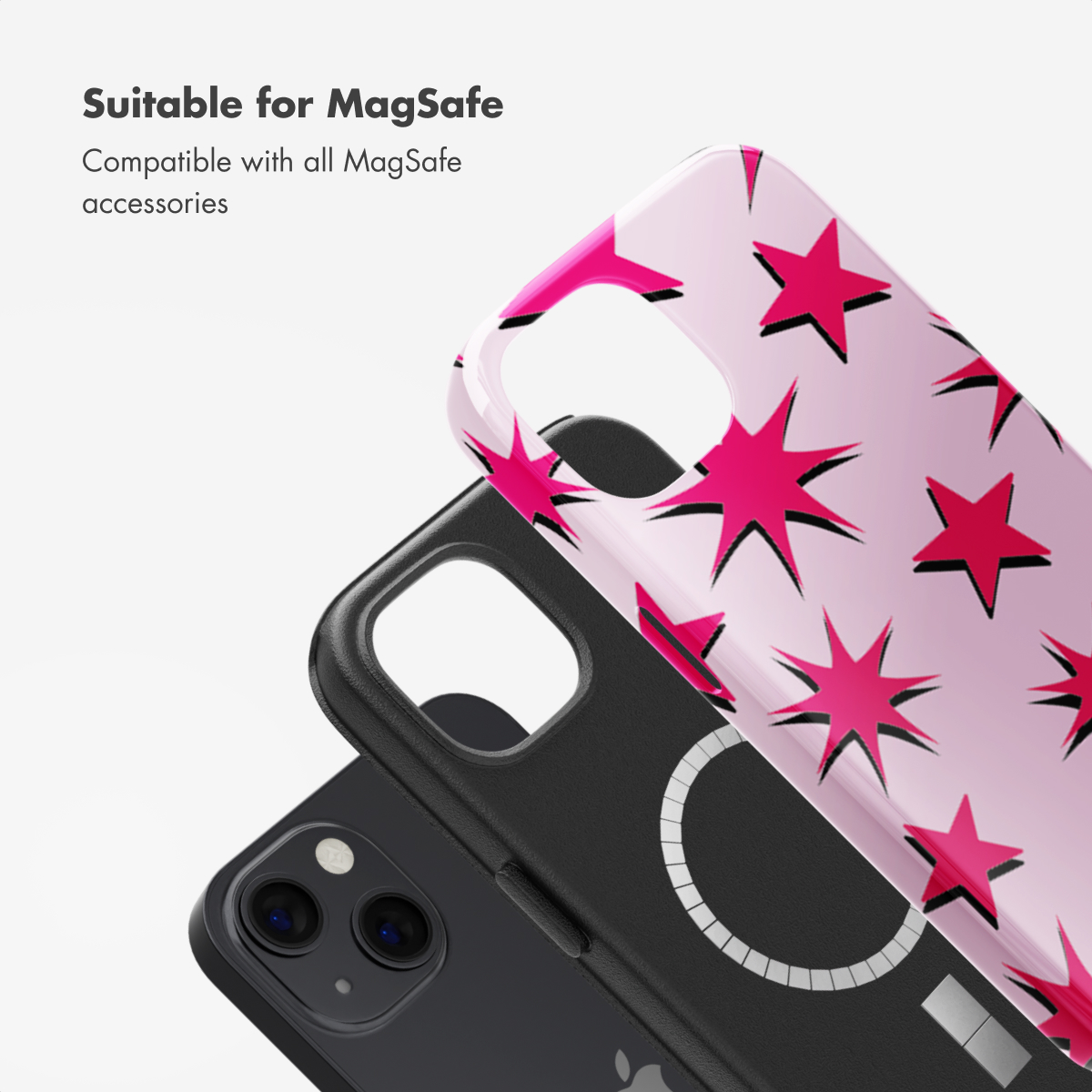 Fundas de móvil compatibles con MagSafe en negro y rosa con estampado de estrellas sobre fondo claro.