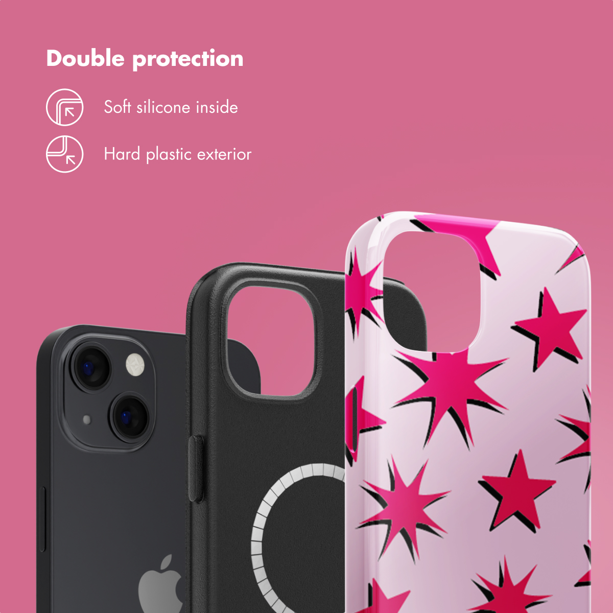 Fondo rosa con texto que promueve fundas de doble protección, mostrando un teléfono negro y dos fundas.