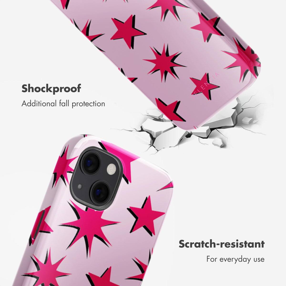Funda rosa para móvil con estrellas rojas, antichoque y antiarañazos.