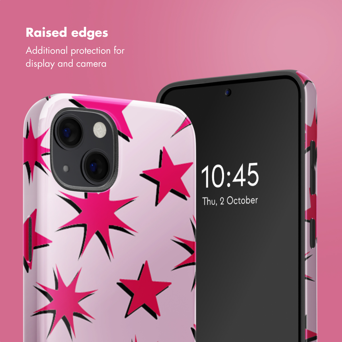 Smartphone con funda rosa de estrellas sobre fondo rosa con texto sobre bordes elevados.