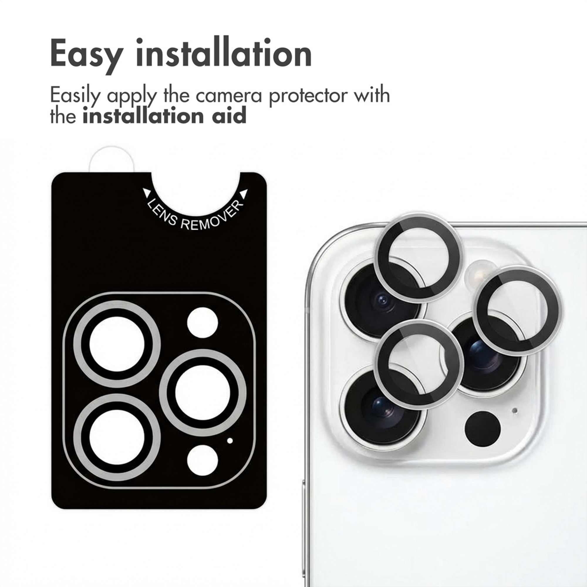 Diagram toont eenvoudige installatie van cameraprotectorringen op een smartphone.