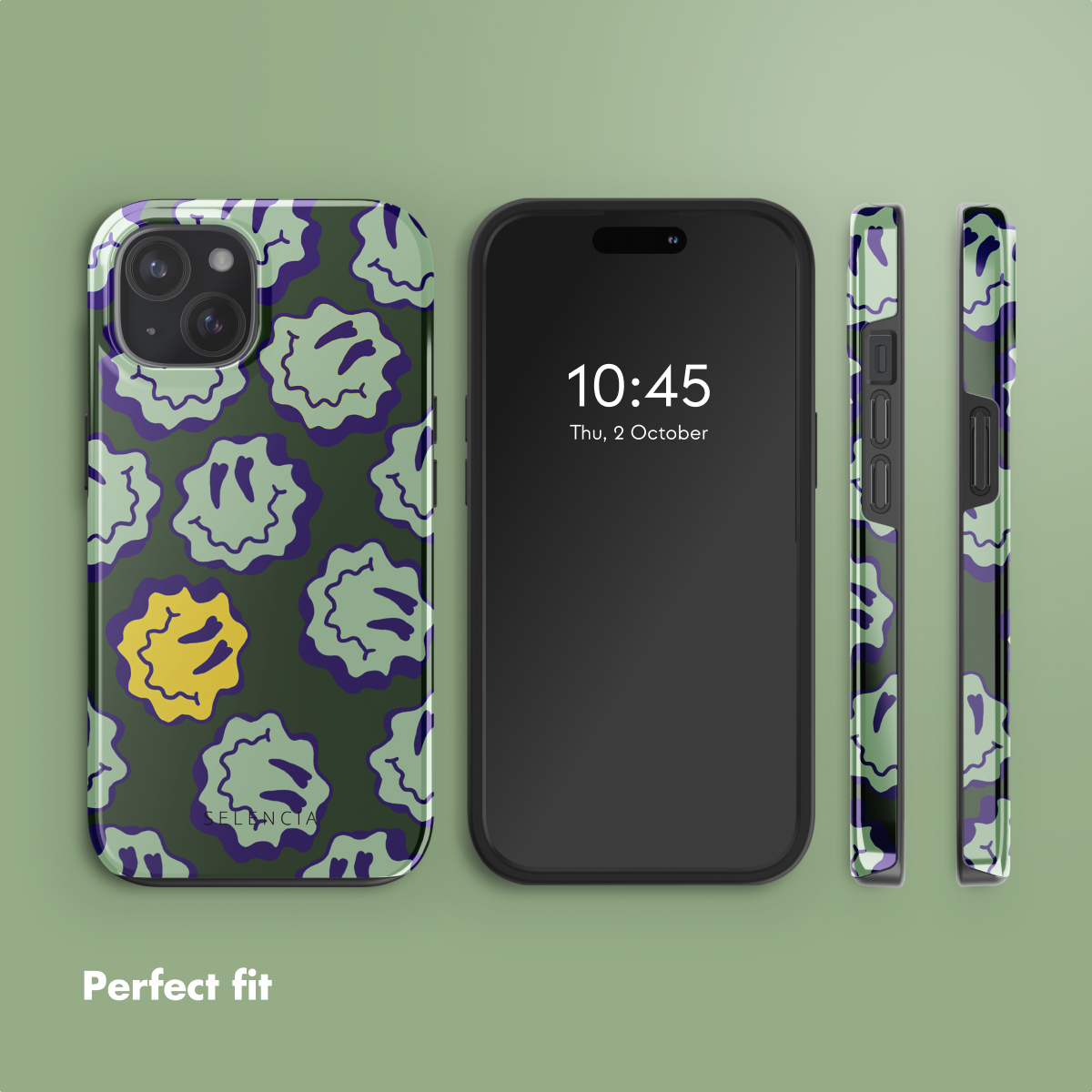 Smartphone in een hoesje met groen-paars smiley patroon op olijfgroen, tegen groene achtergrond.