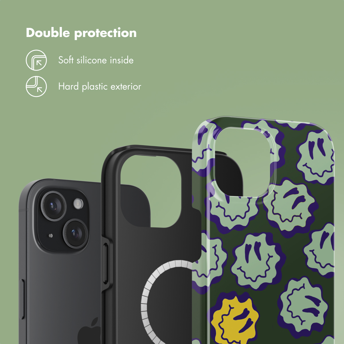 Dubbele bescherming: zachte siliconen binnenkant, harde plastic buitenkant, getoond met hoesjes.