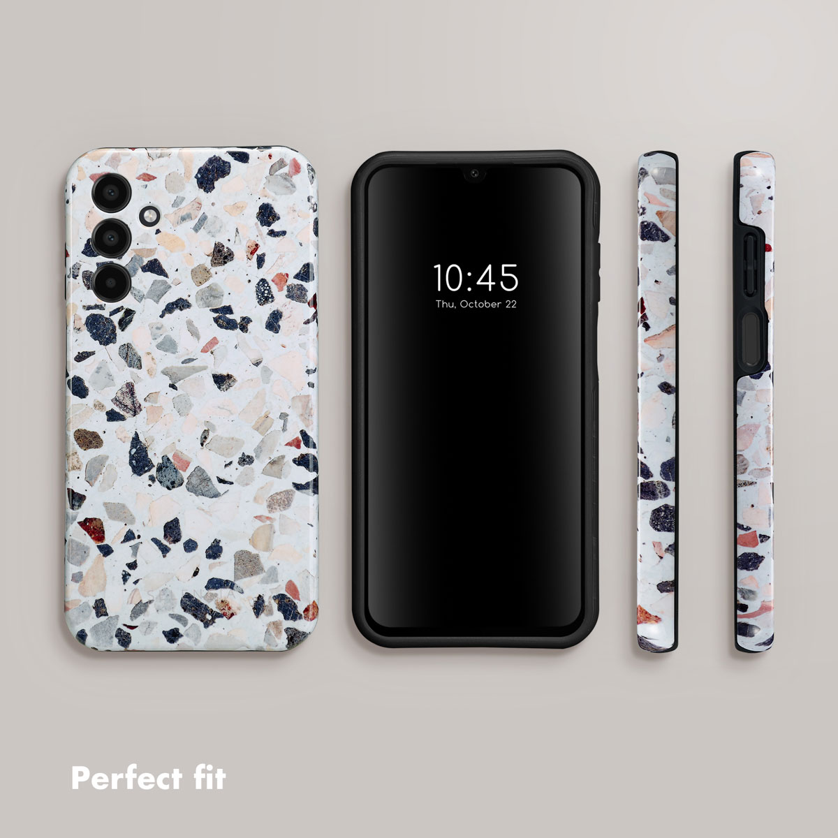 Quatre vues d'un smartphone avec coque motif terrazzo sur fond uni.