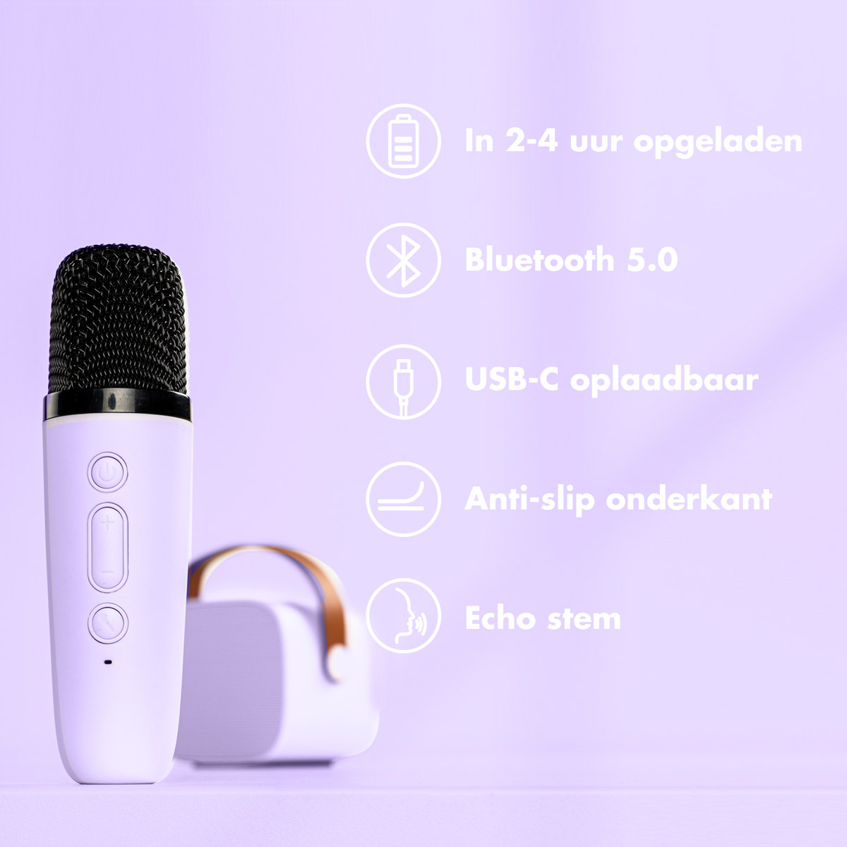 Un micrófono y altavoz blancos sobre fondo morado con iconos y texto en holandés.