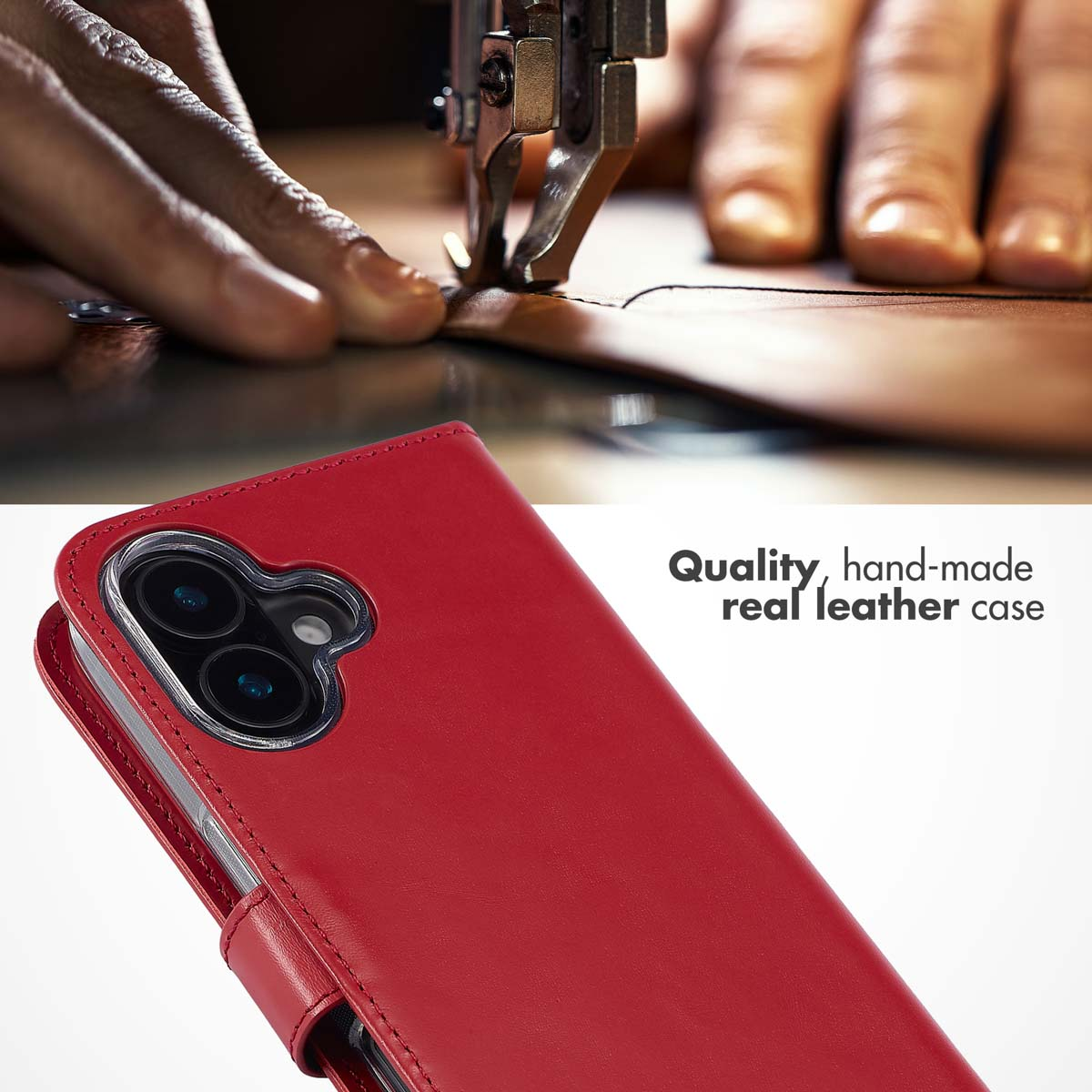 Rote Handtaschenhülle aus Leder im Vordergrund, im Hintergrund näht eine Nähmaschine Leder.