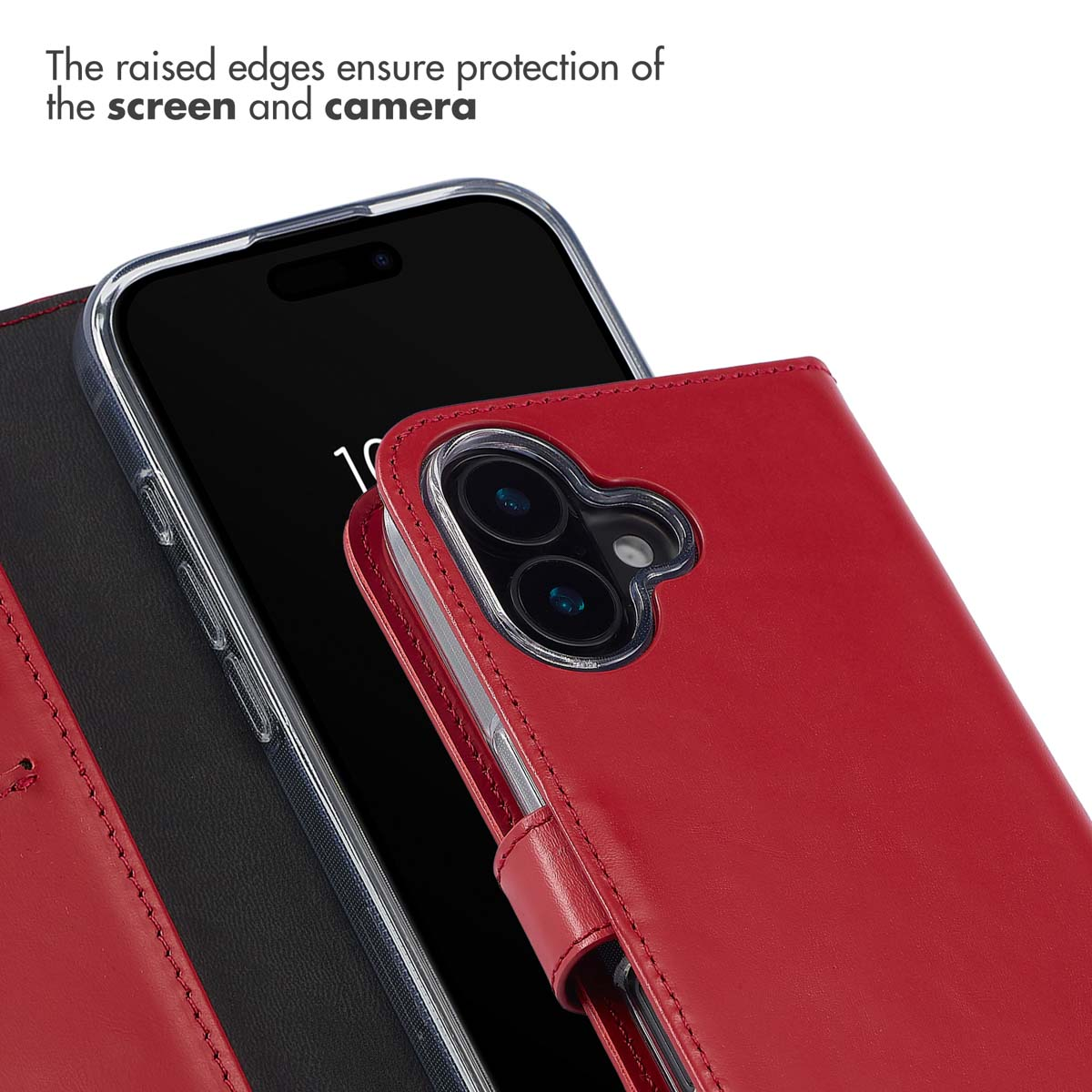 Erhöhte Ränder schützen Bildschirm und Kamera eines roten Smartphone-Klappetuis.