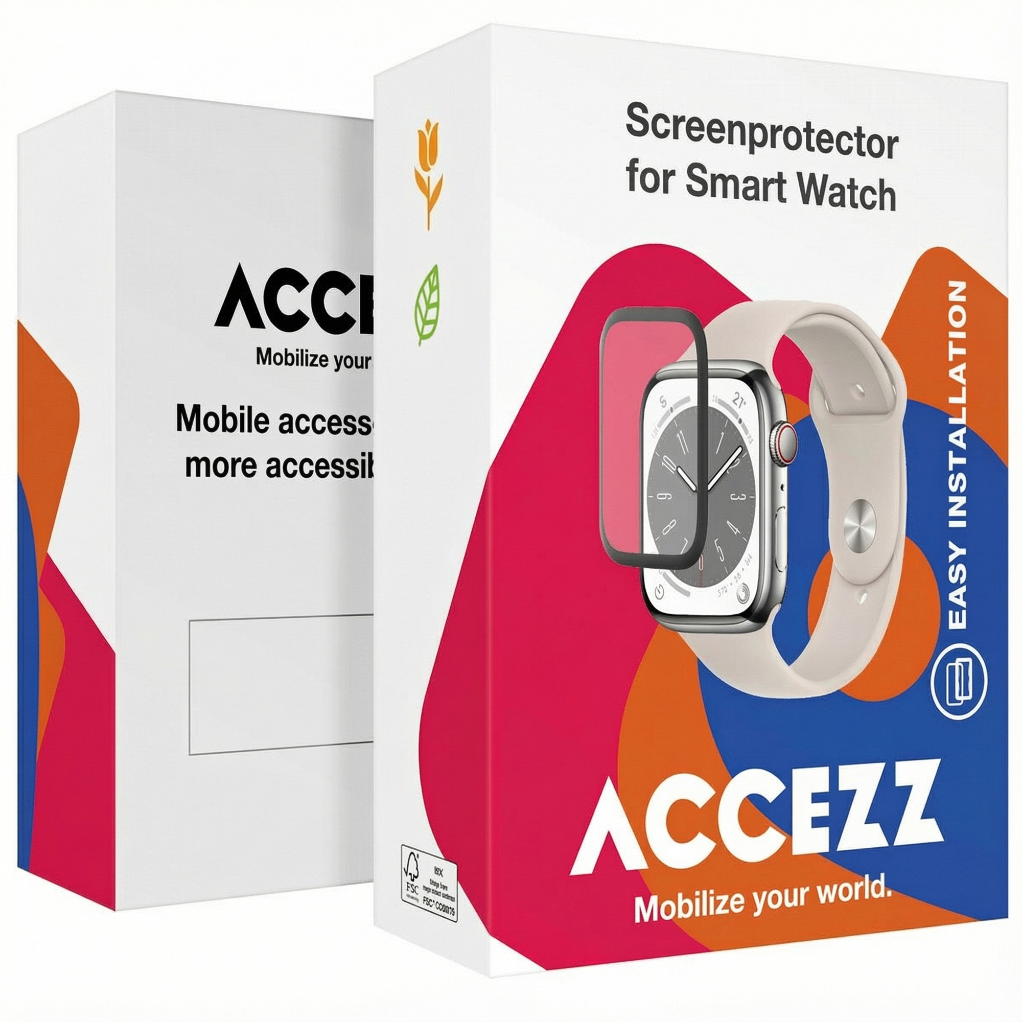 Cajas de embalaje blancas para protector de pantalla de smartwatch Accezz, con formas abstractas y un reloj inteligente.