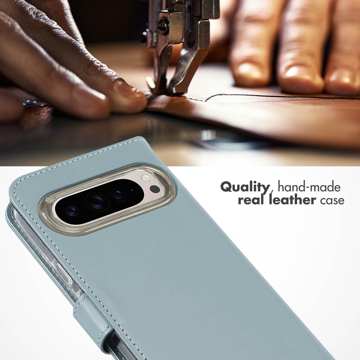 Una funda de cuero azul claro debajo de manos cosiendo cuero con máquina.