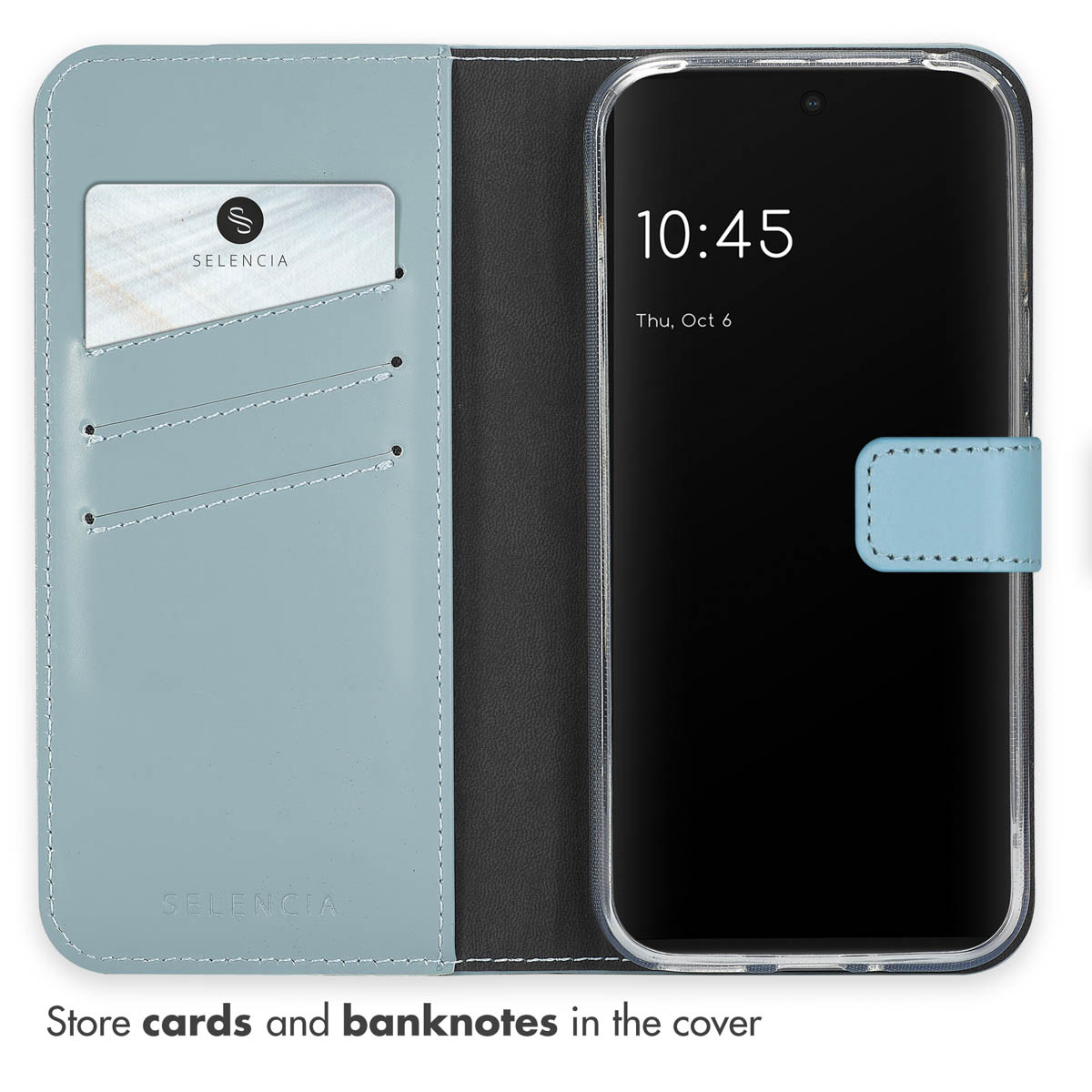 Fundas para teléfono azul con ranuras para tarjetas y un smartphone.
