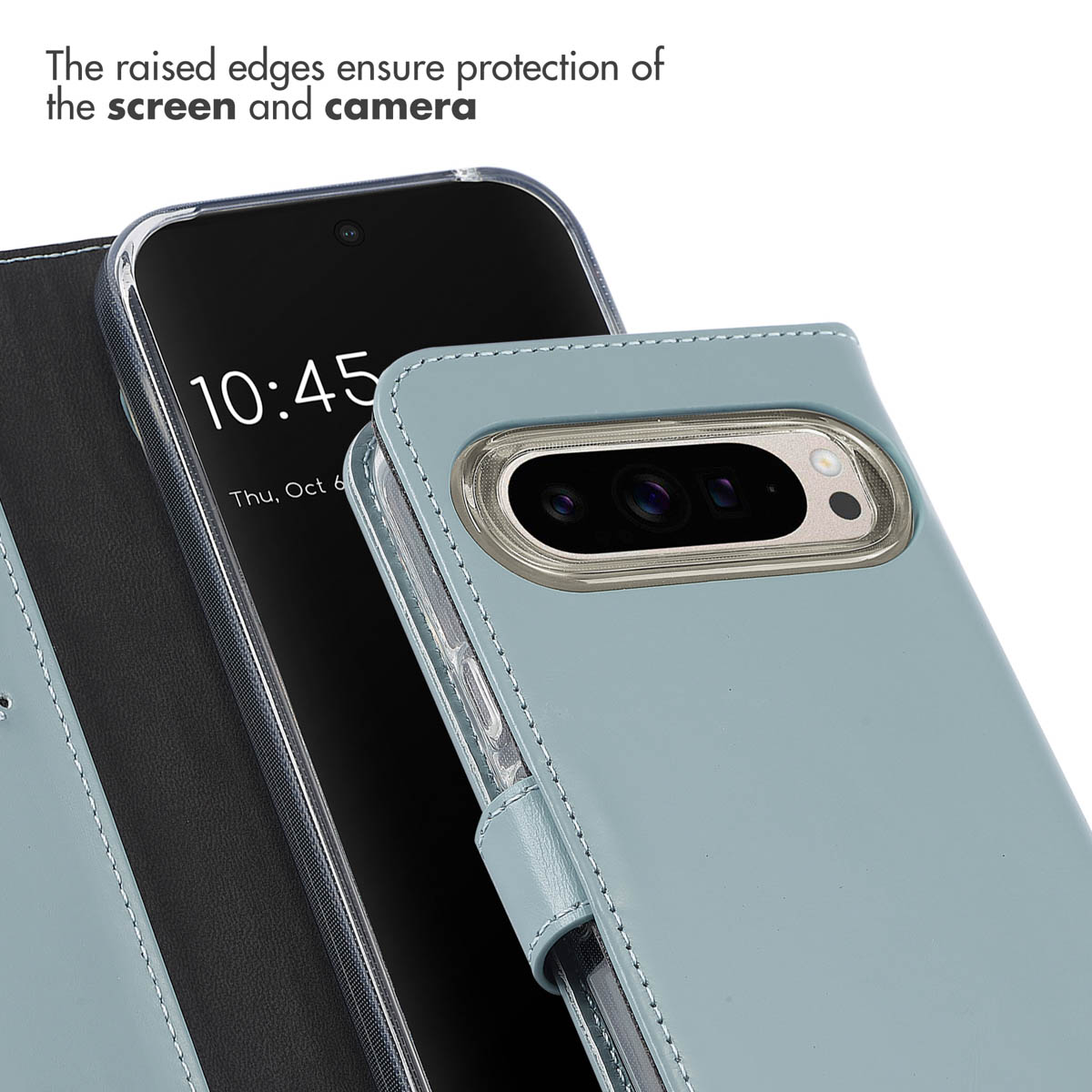 Los bordes elevados en una funda de cuero azul protegen la pantalla y la cámara.