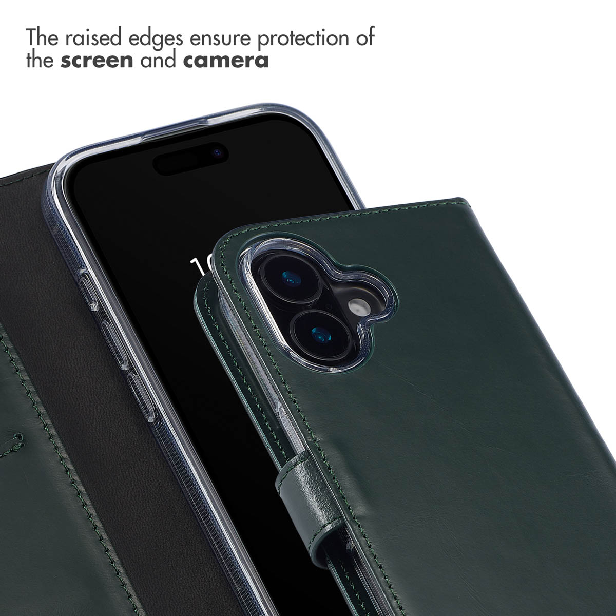 Dunkelgrüne Lederhülle für ein Smartphone mit erhöhtem Schutz für Kamera und Bildschirm.