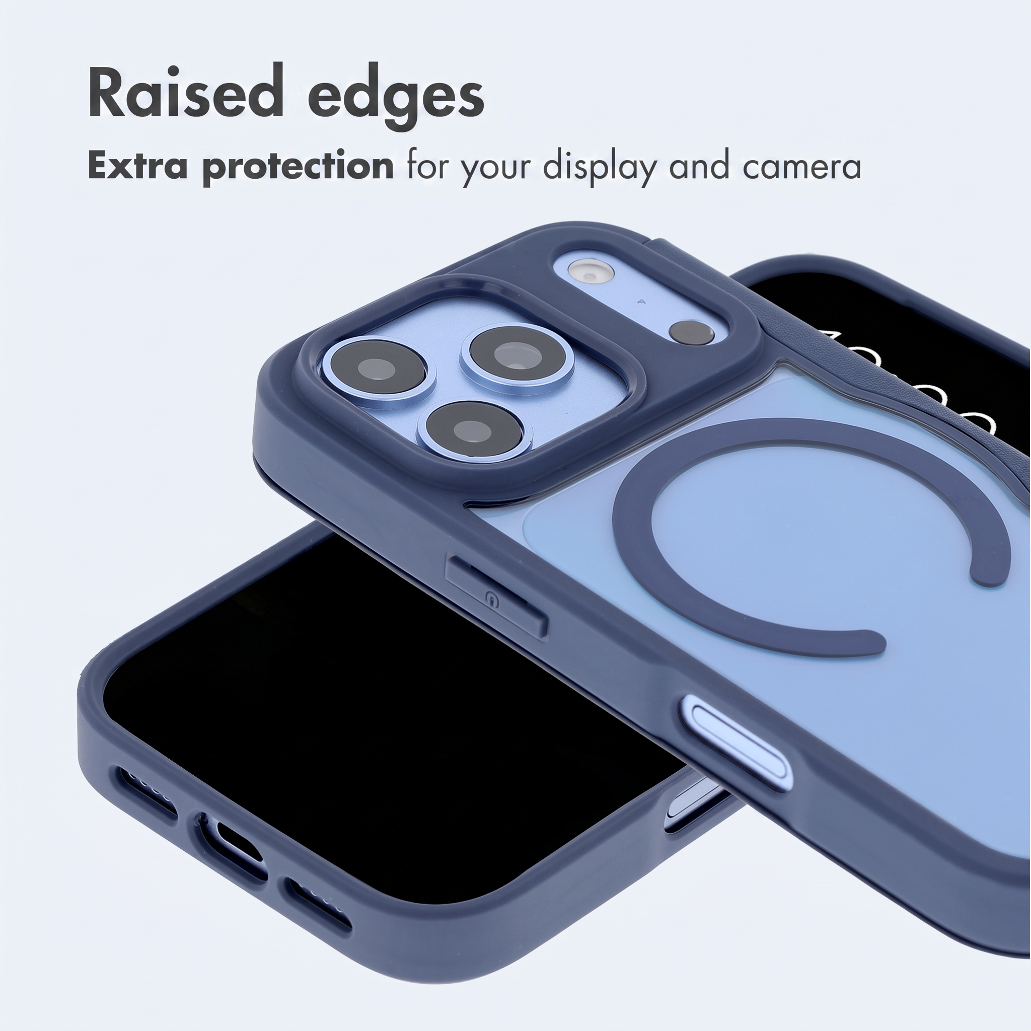 Custodia blu per smartphone con MagSafe e bordi rialzati per protezione schermo e fotocamera.