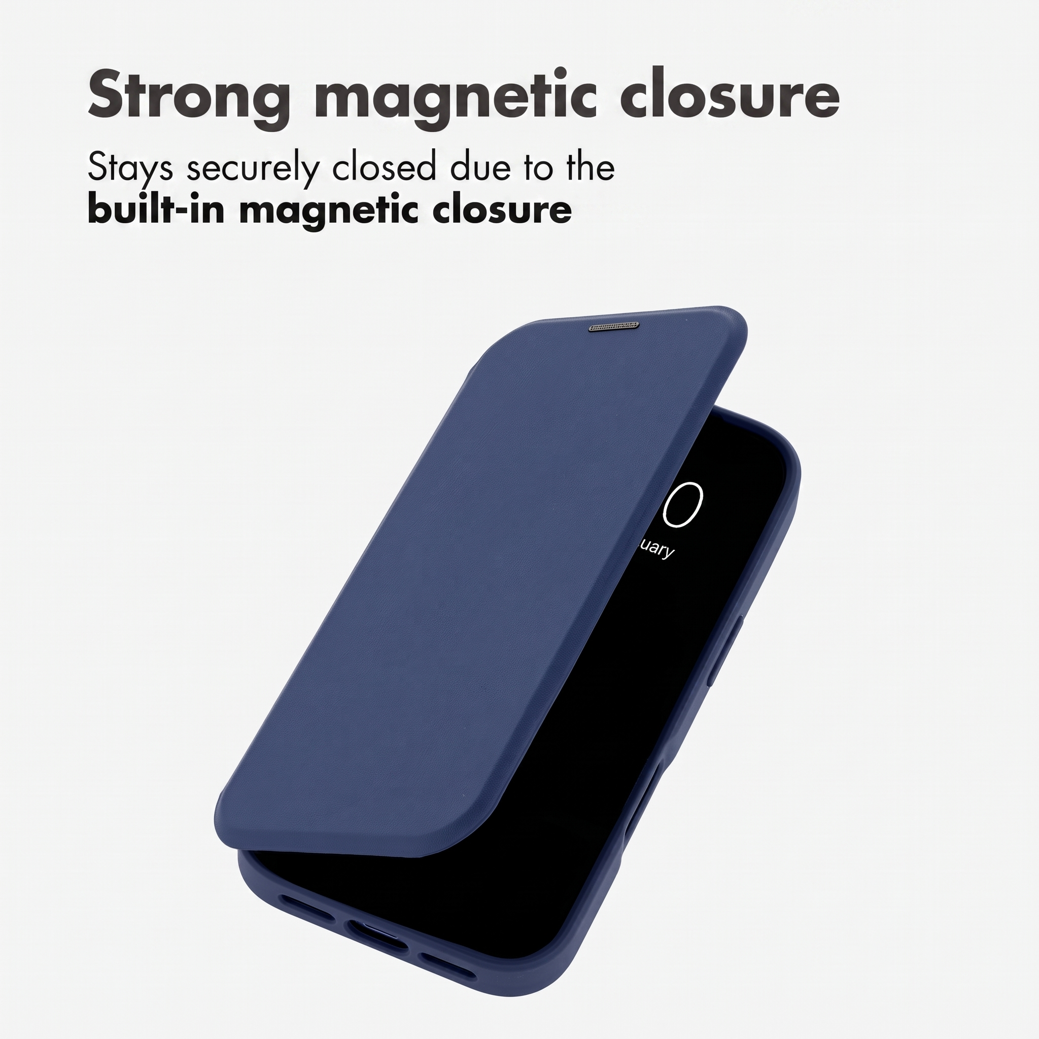 Una custodia a libro blu in pelle per smartphone con chiusura magnetica su sfondo bianco.