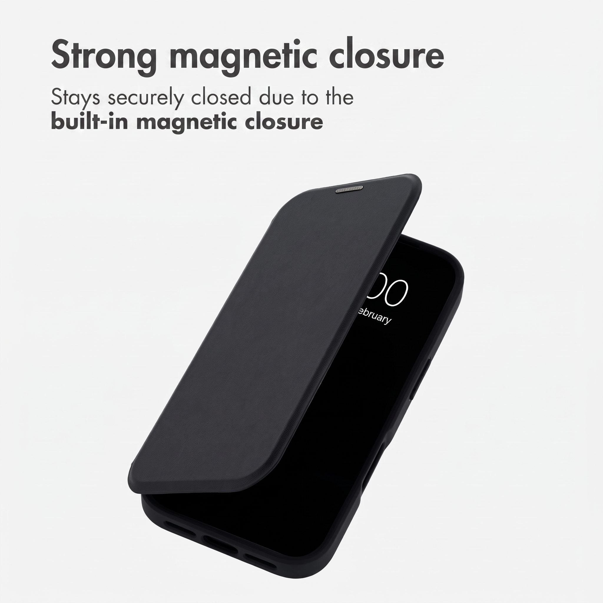 Uno smartphone nero con custodia a chiusura magnetica su sfondo chiaro e testo.