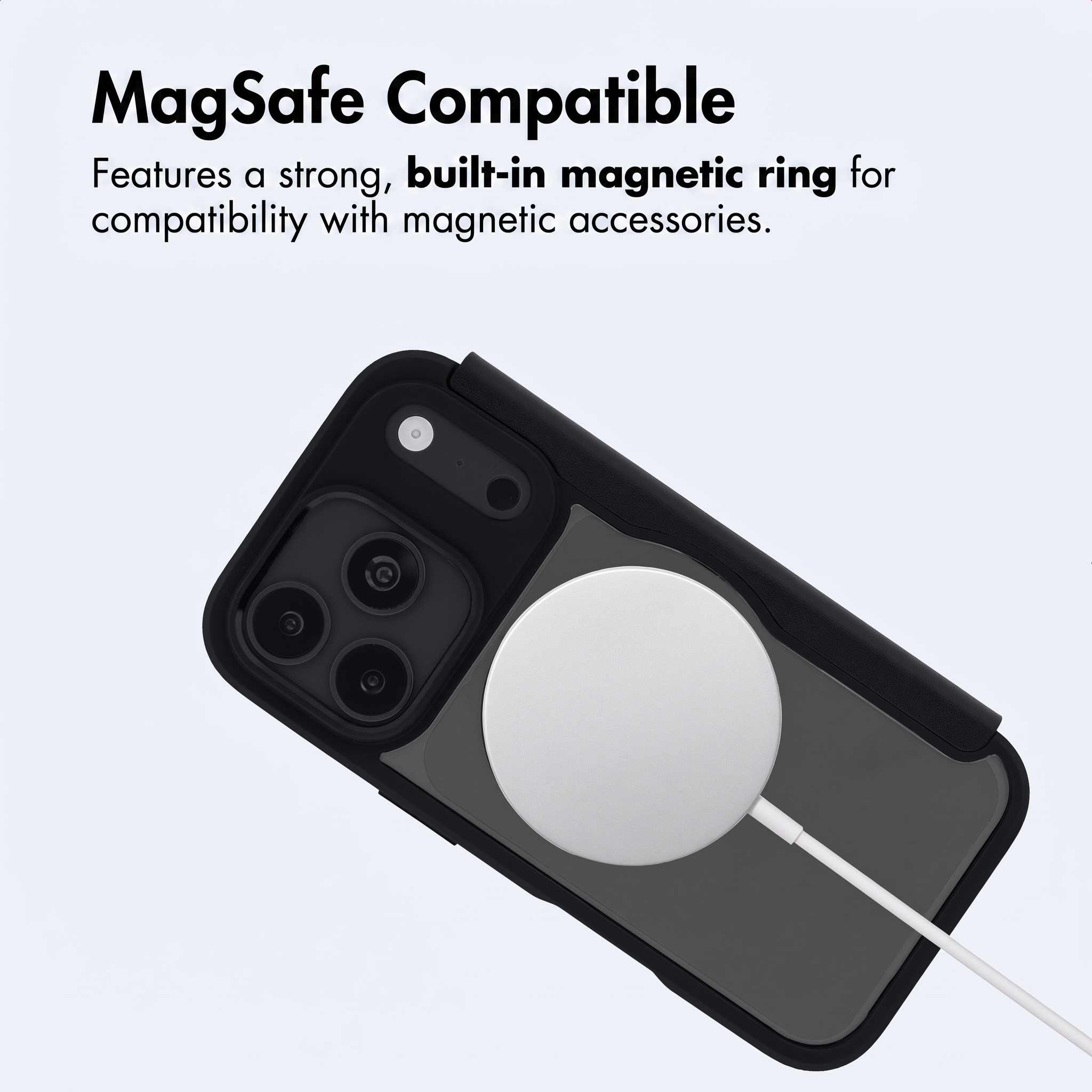 Custodia per telefono compatibile MagSafe con anello magnetico integrato e cavo.