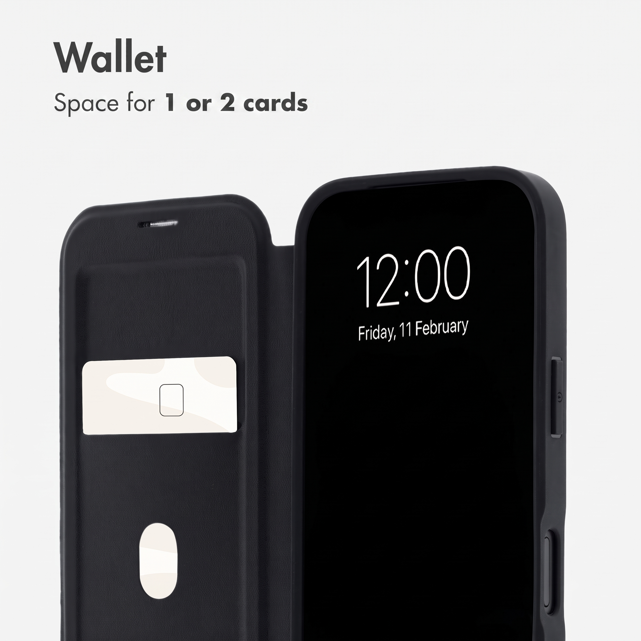 Custodia nera per telefono con portafoglio aperto e spazio per carte.