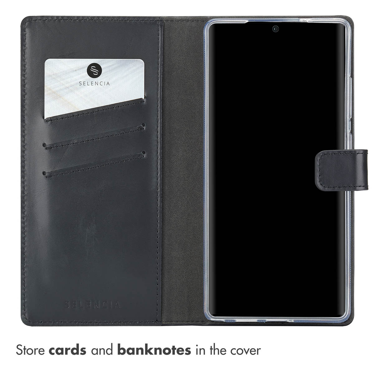 Open zwarte leren telefoonhoes met een pasjeshouder en smartphone.