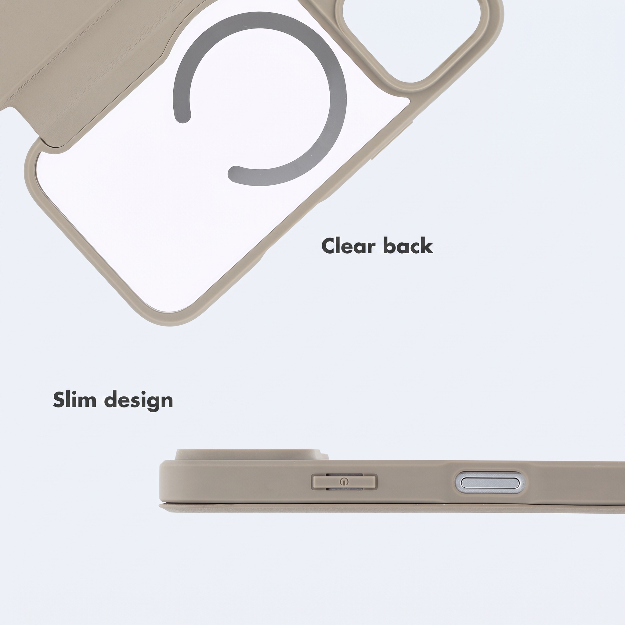 Custodia per telefono beige con retro trasparente e design sottile.