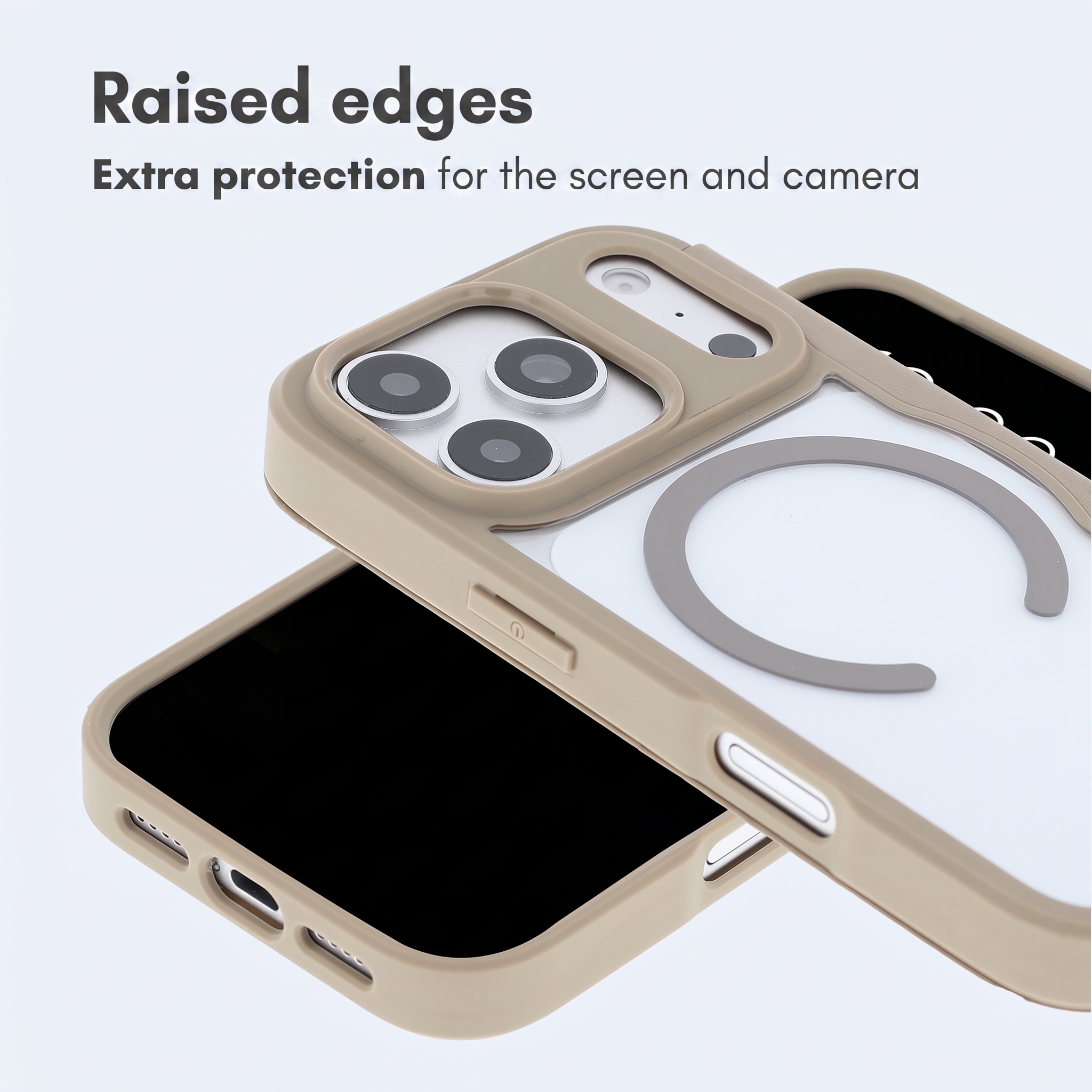 Custodia per telefono beige con bordi rialzati e anello MagSafe.