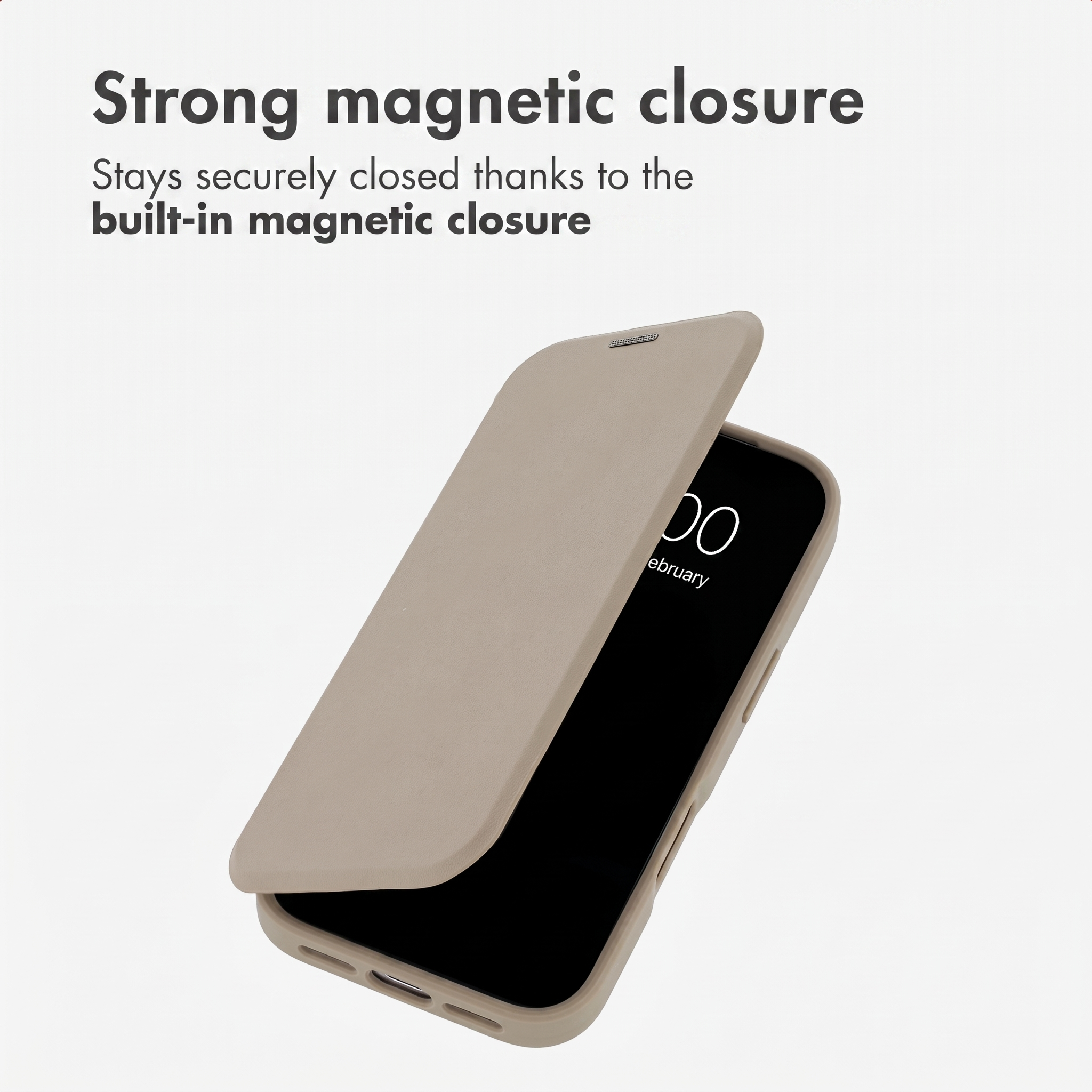 Uno smartphone beige con custodia magnetica a libro e testo sopra.