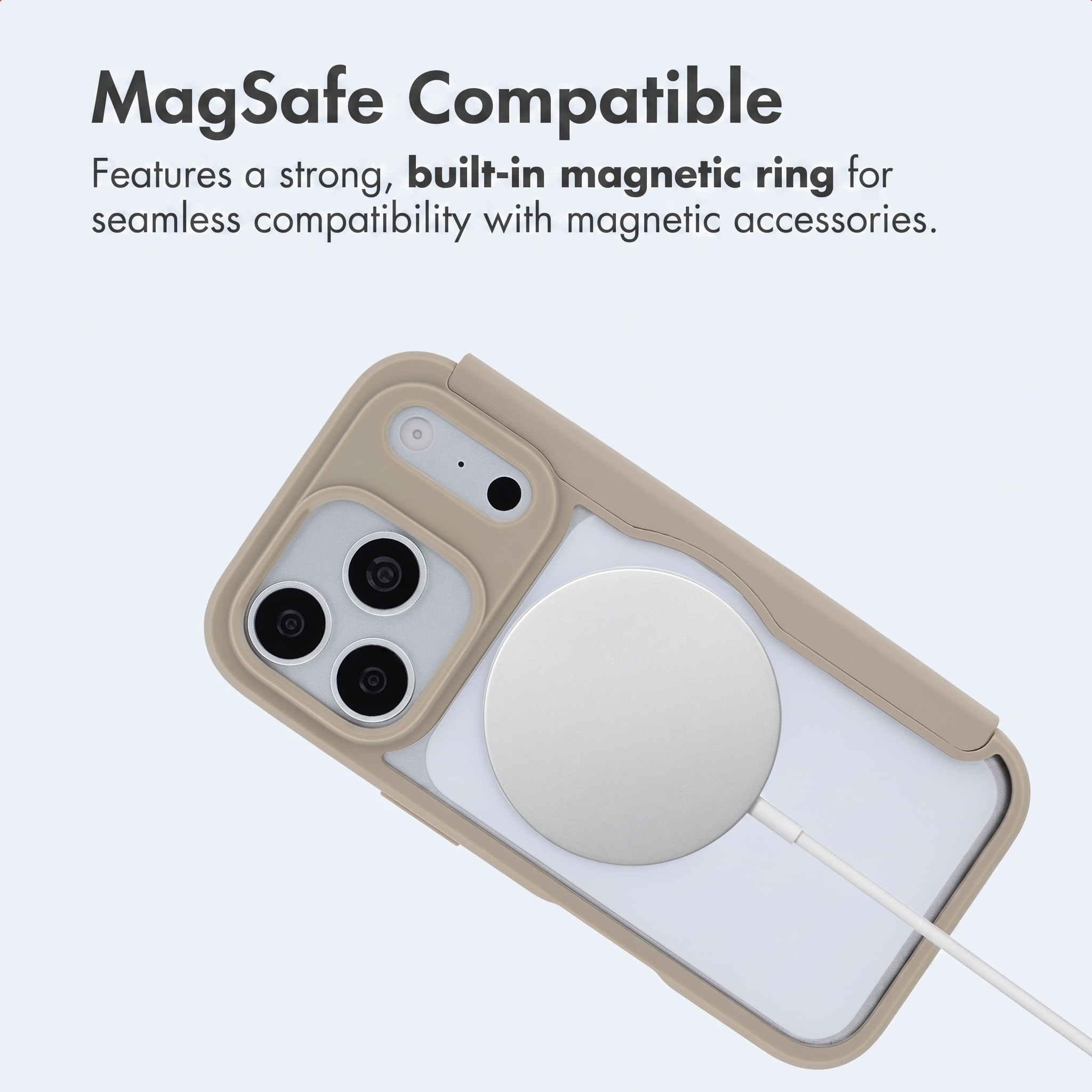 Custodia per telefono beige compatibile MagSafe con anello magnetico e cavo.