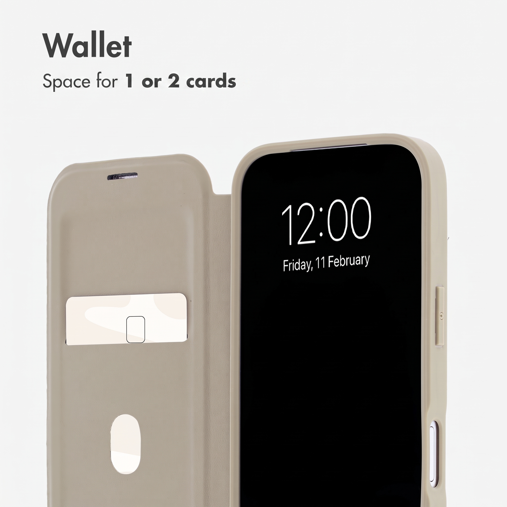 Una custodia a portafoglio beige per smartphone con tasca per carte.
