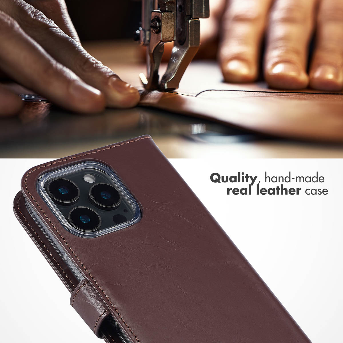Nähmaschine näht Leder für eine handgefertigte braune Lederhülle für ein Smartphone.