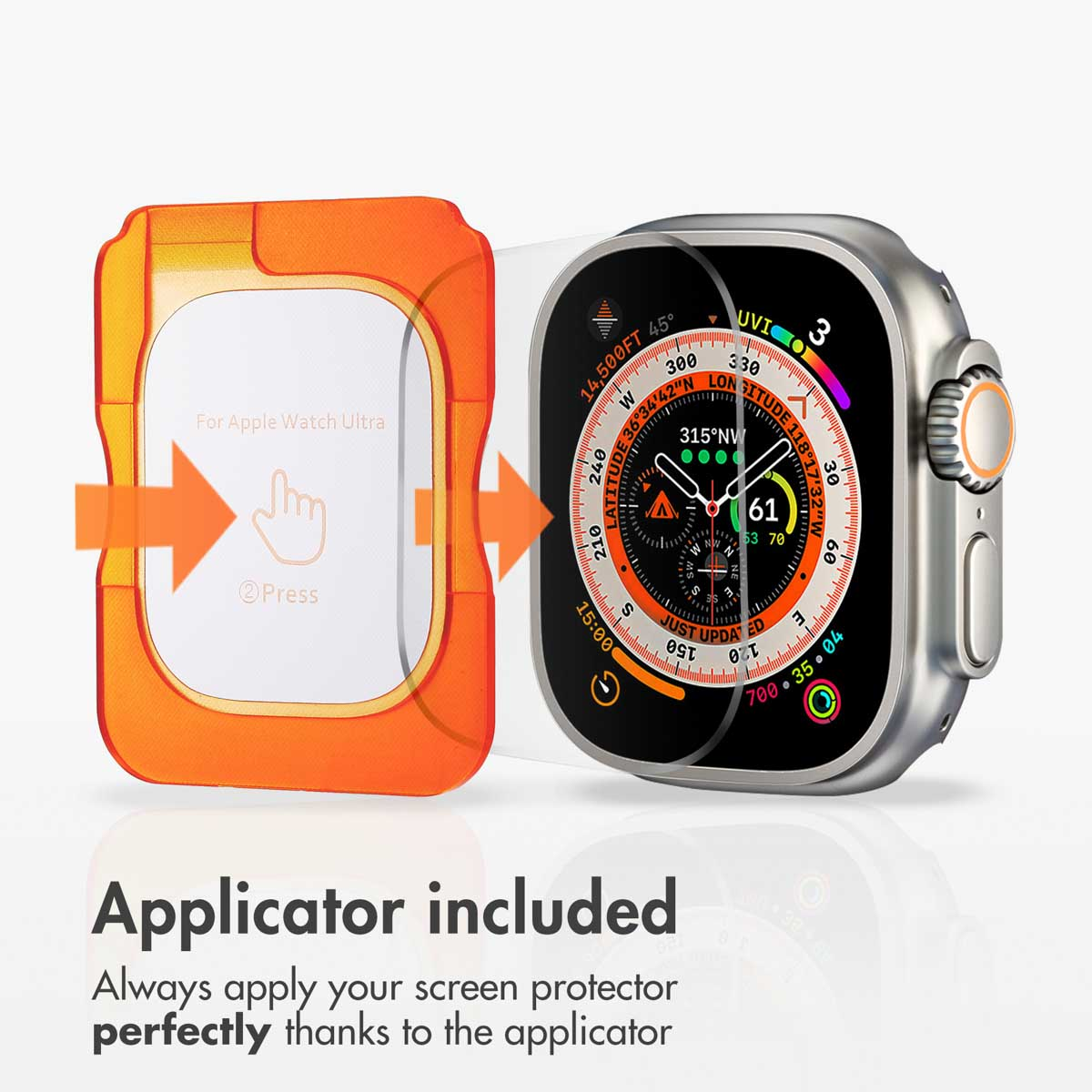 Se utiliza una herramienta aplicadora naranja para colocar un protector de pantalla en un Apple Watch Ultra.
