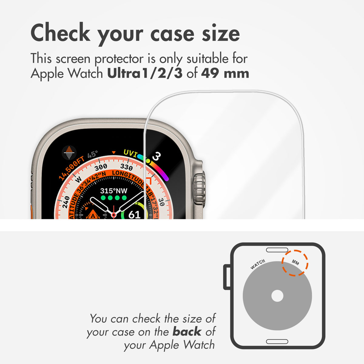 Guía para verificar el tamaño de la caja del Apple Watch Ultra de 49 mm.