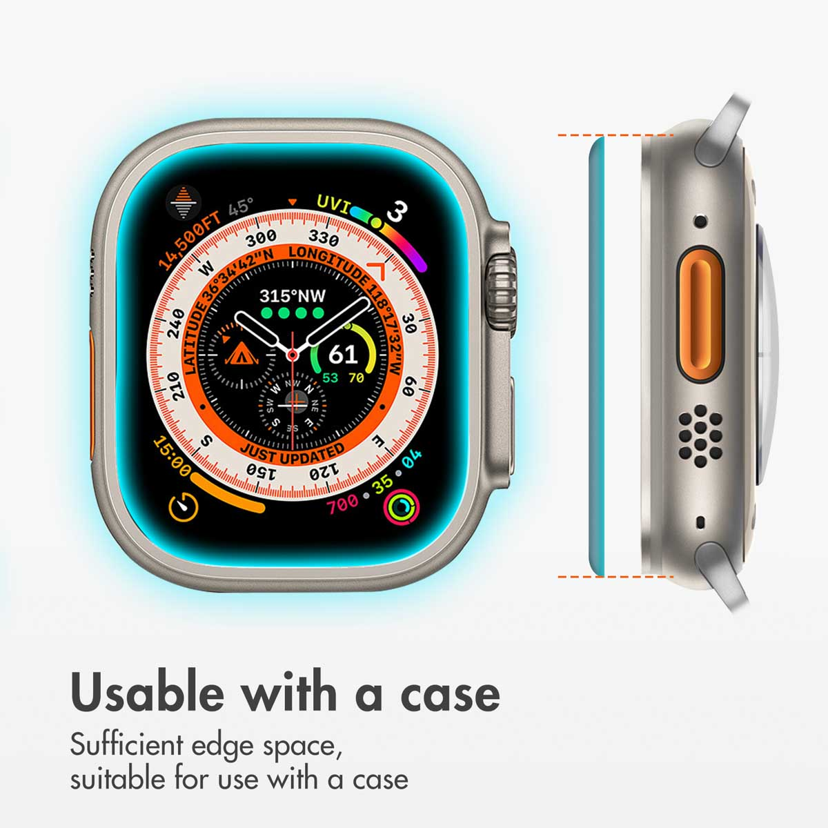 Vista frontal y lateral de un reloj inteligente con protector de pantalla, compatible con fundas.