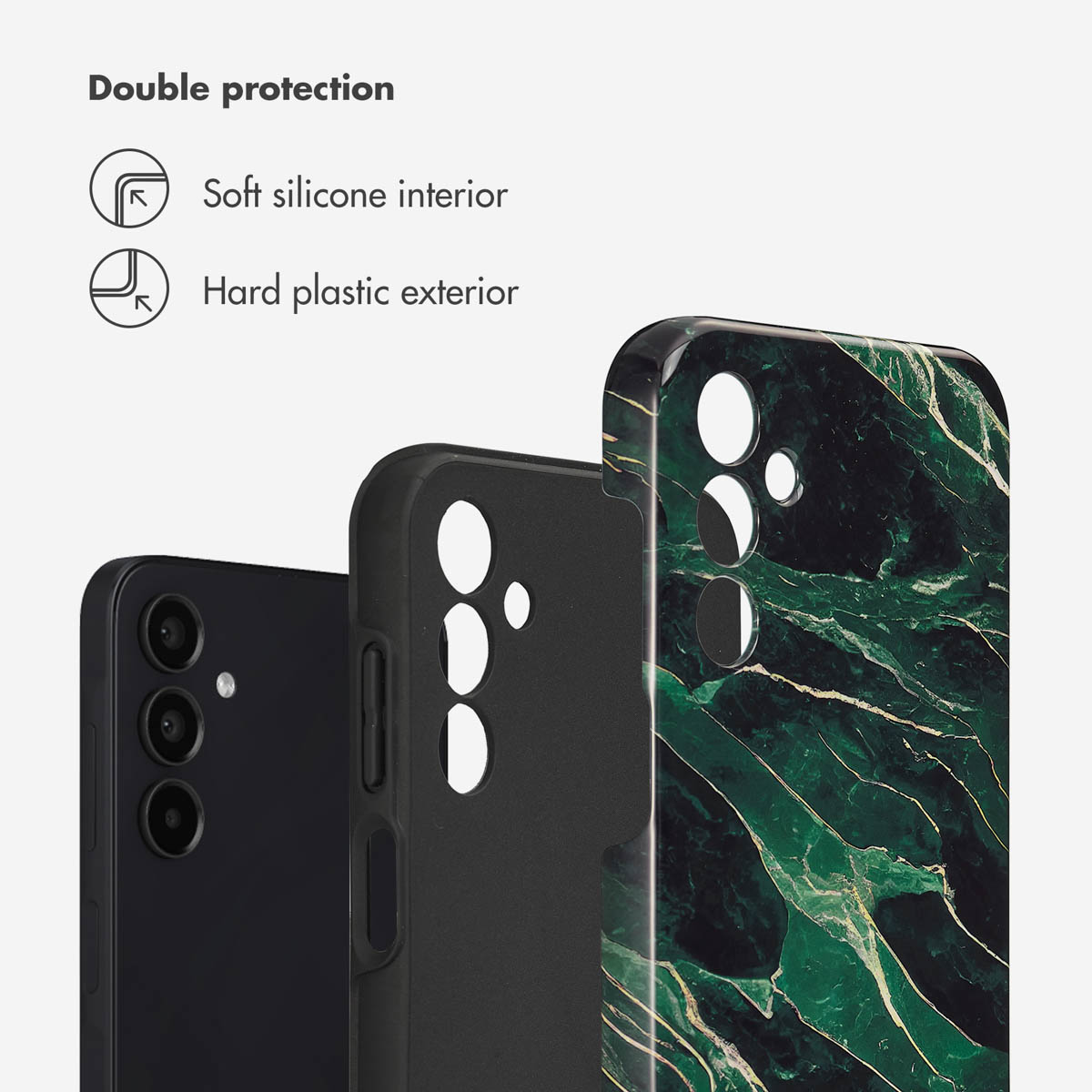 Coque de téléphone à motif marbre vert, intérieur en silicone souple et extérieur en plastique rigide.