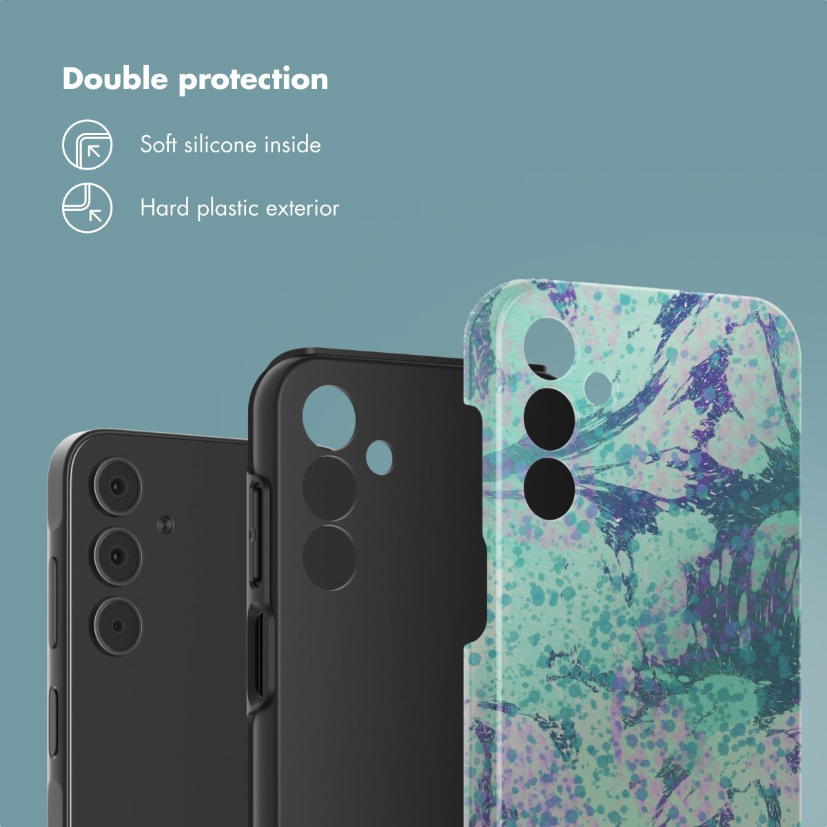 Drei Smartphones mit Schutzhüllen, die doppelten Schutz mit weichem Silikon innen und harter Plastikaußenseite zeigen.