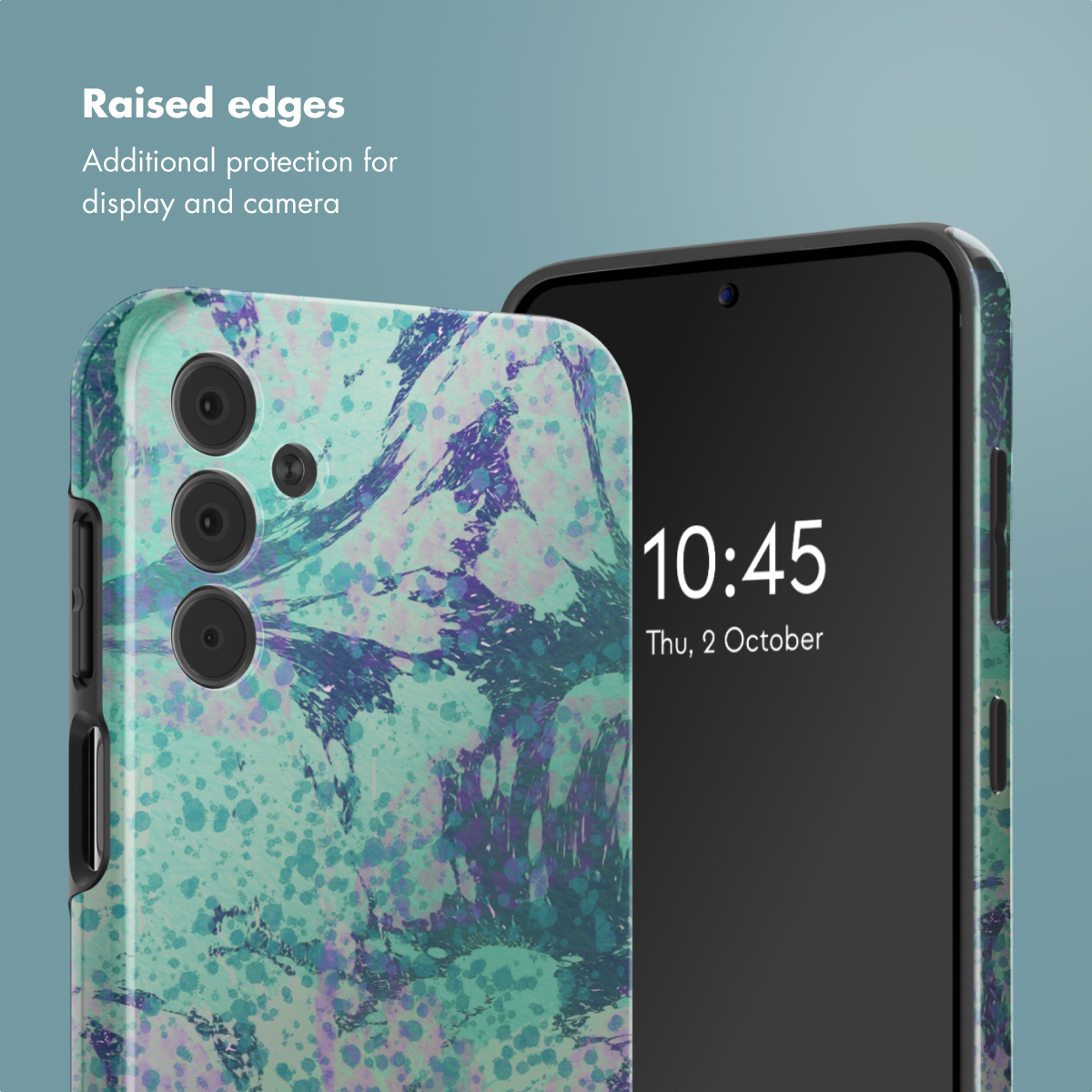 Smartphone in mintgrüner Marmor-Schutzhülle zeigt das Display mit Uhrzeit und Text: Raised edges.