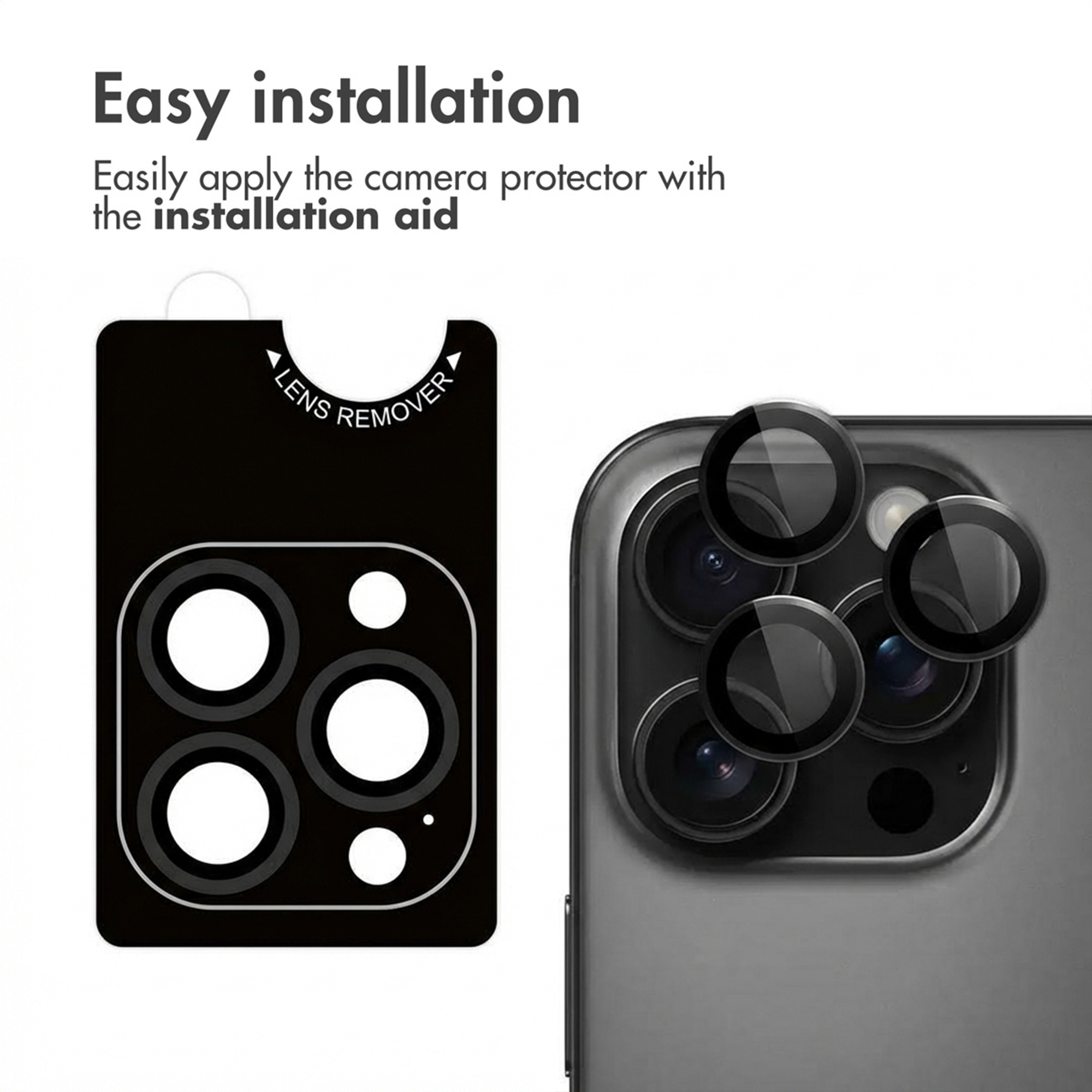 Een afbeelding die de eenvoudige installatie van camerabeschermers op een smartphone illustreert.