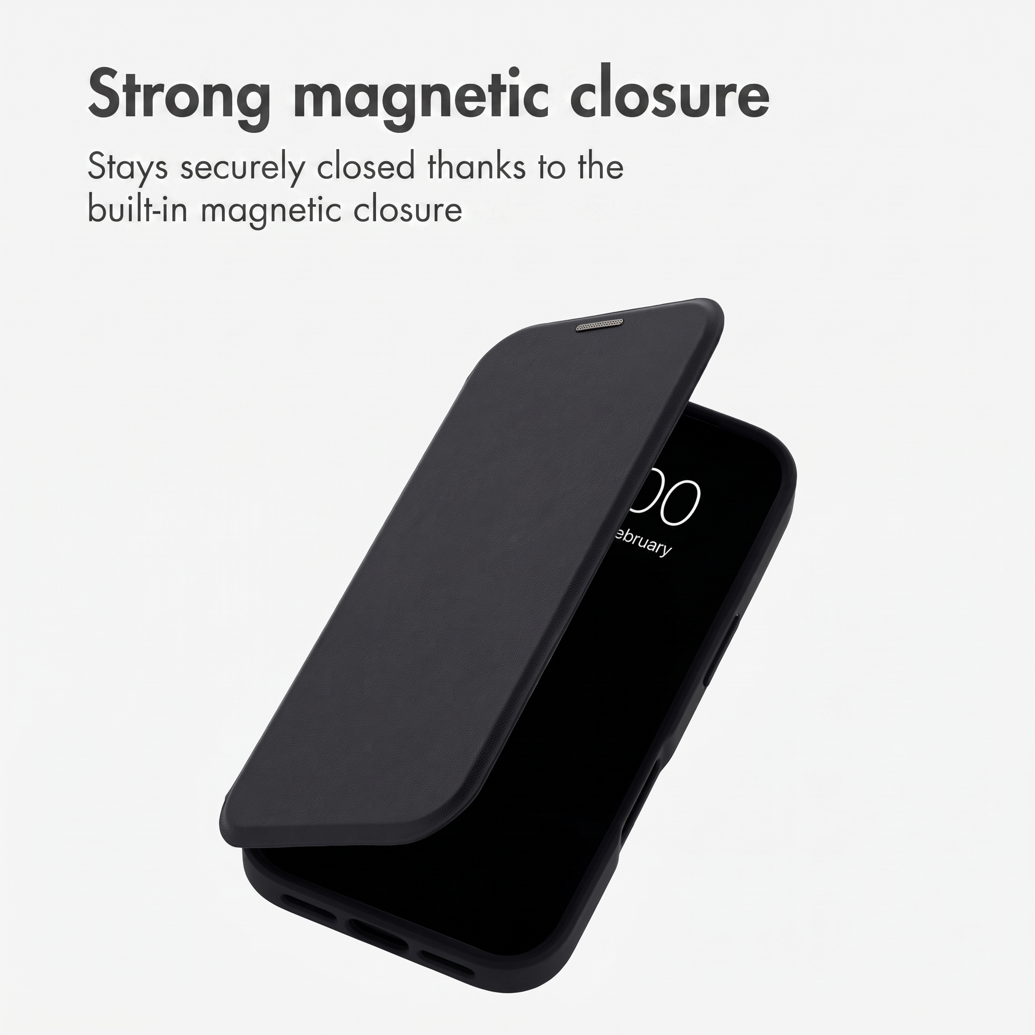 Uno smartphone nero in una custodia a libro con testo sopra: Forte chiusura magnetica.