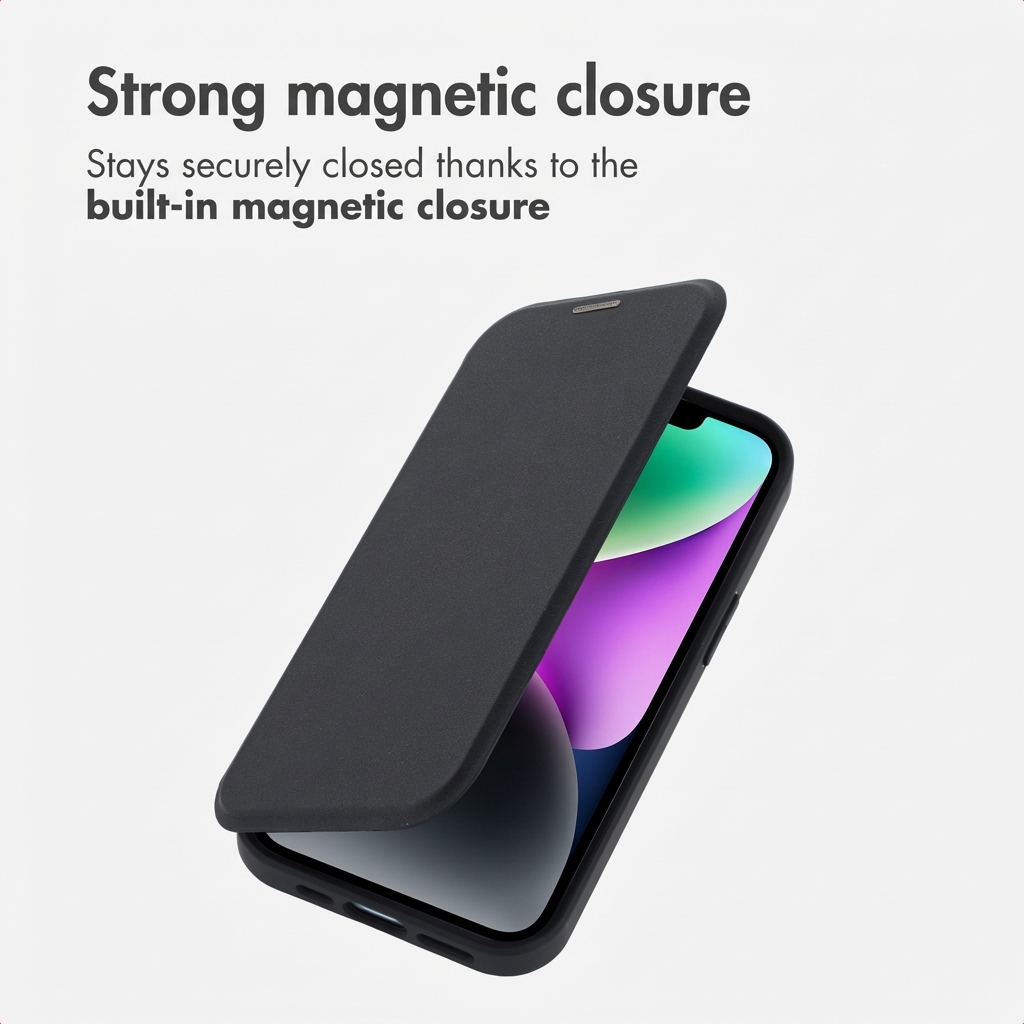 Ein Smartphone in einem schwarzen Klappetui mit starkem Magnetverschluss.